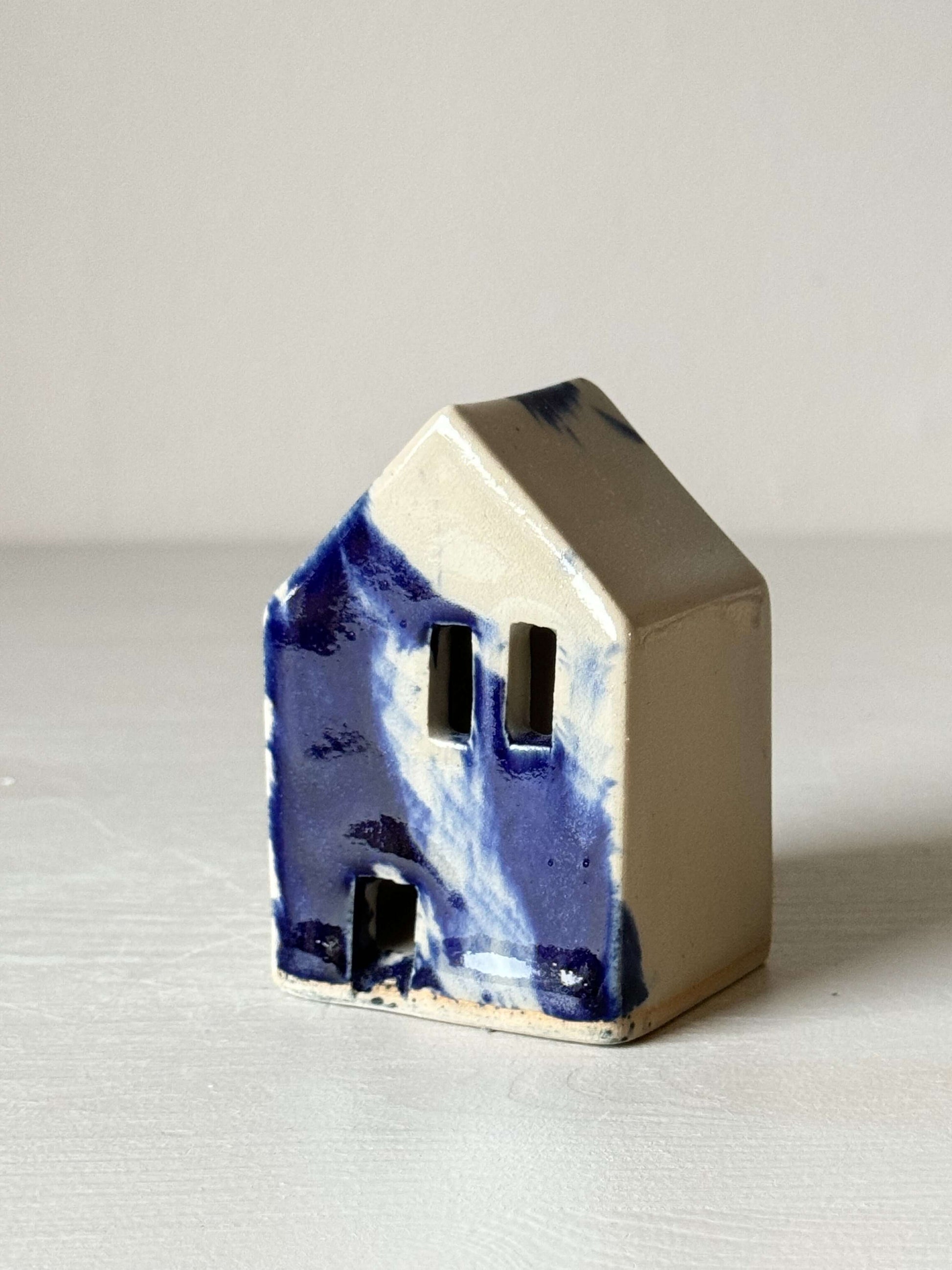Handbuilt Ceramic Houses – Gosu Series with cobalt blue splashes, handmade ceramic, quirky decor.