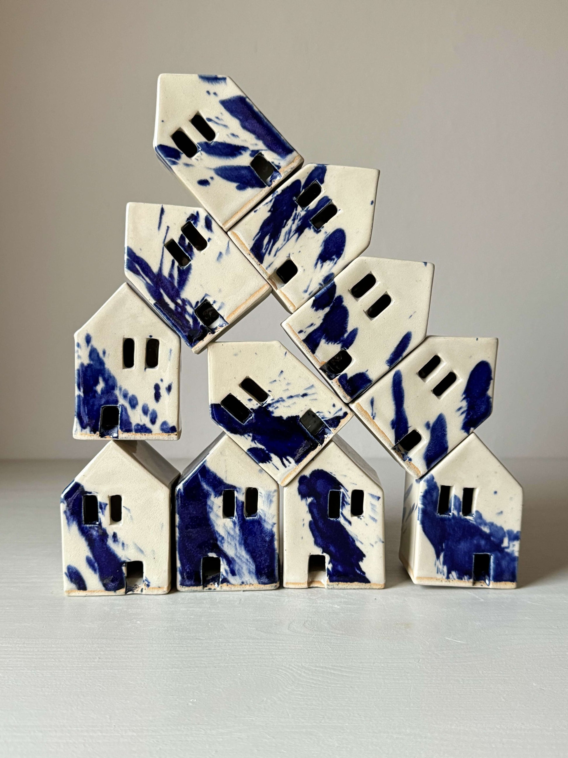 Handbuilt Ceramic Houses – Gosu Series with cobalt blue splashes, handmade ceramic decorative pieces