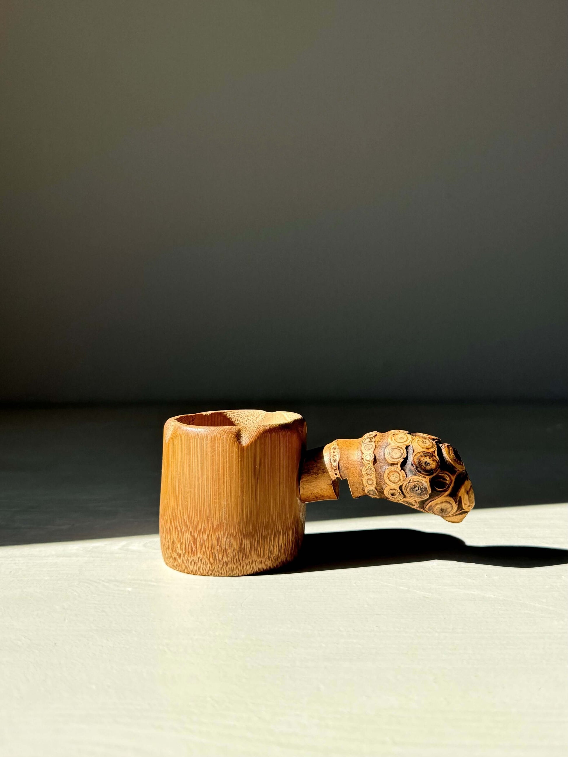 Handmade Bamboo Tea Strainer – with Root Handle displayed in natural light.