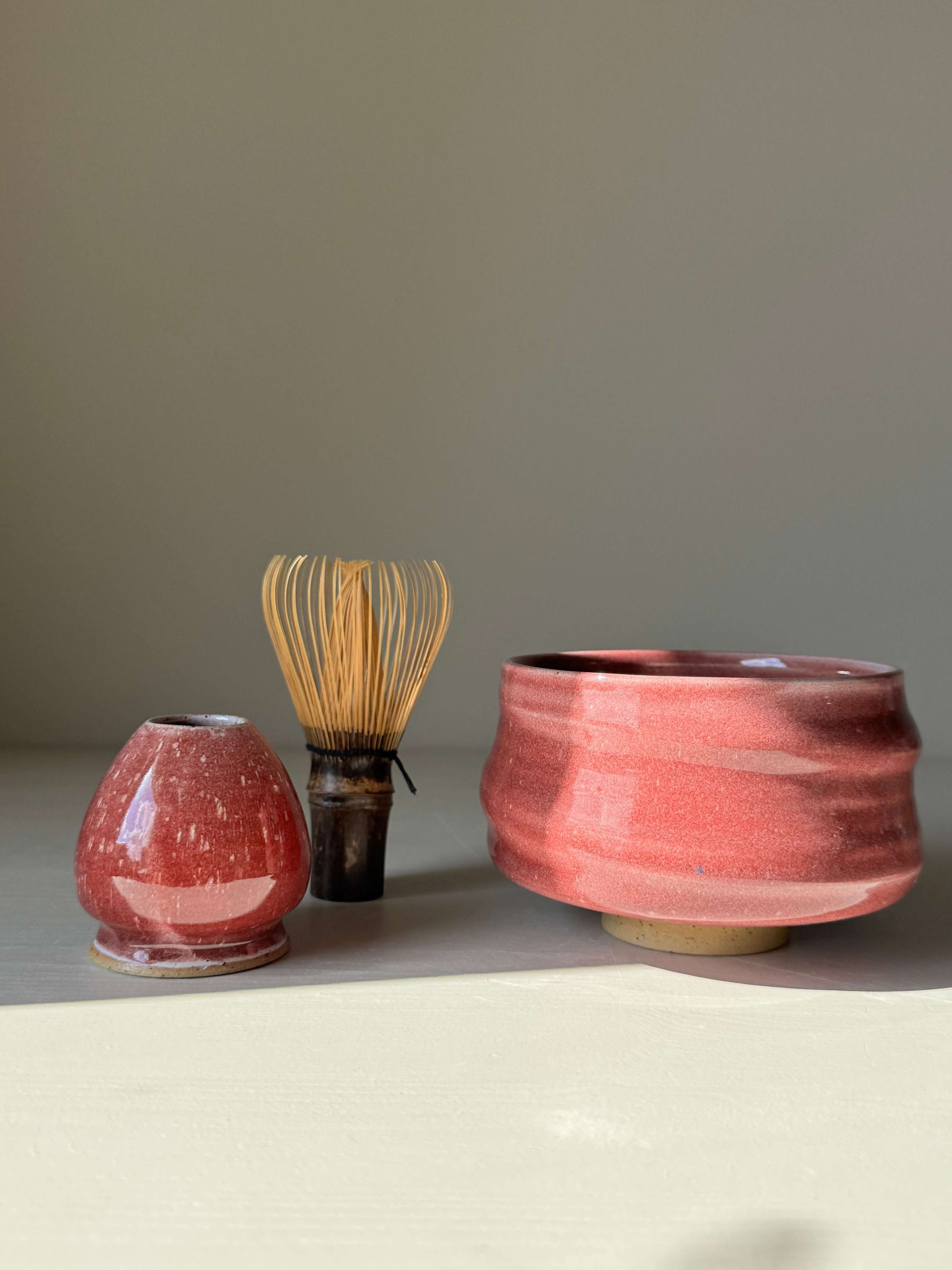 Handmade ceramic Matcha Bowl - Ume Series #02 with bamboo whisk and holder, inspired by Japanese Ume blossom.