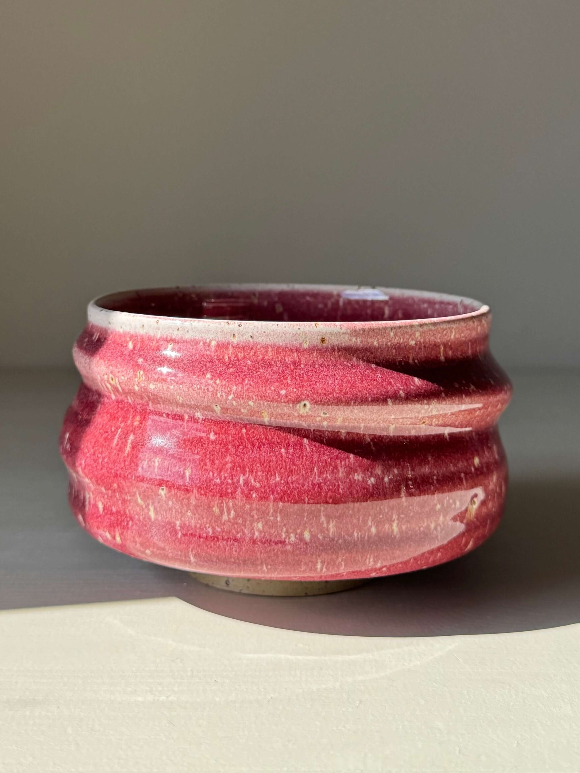 Handmade ceramic Matcha Bowl - Ume Series #03 with ridged design in pink hue inspired by Japanese Ume blossom.