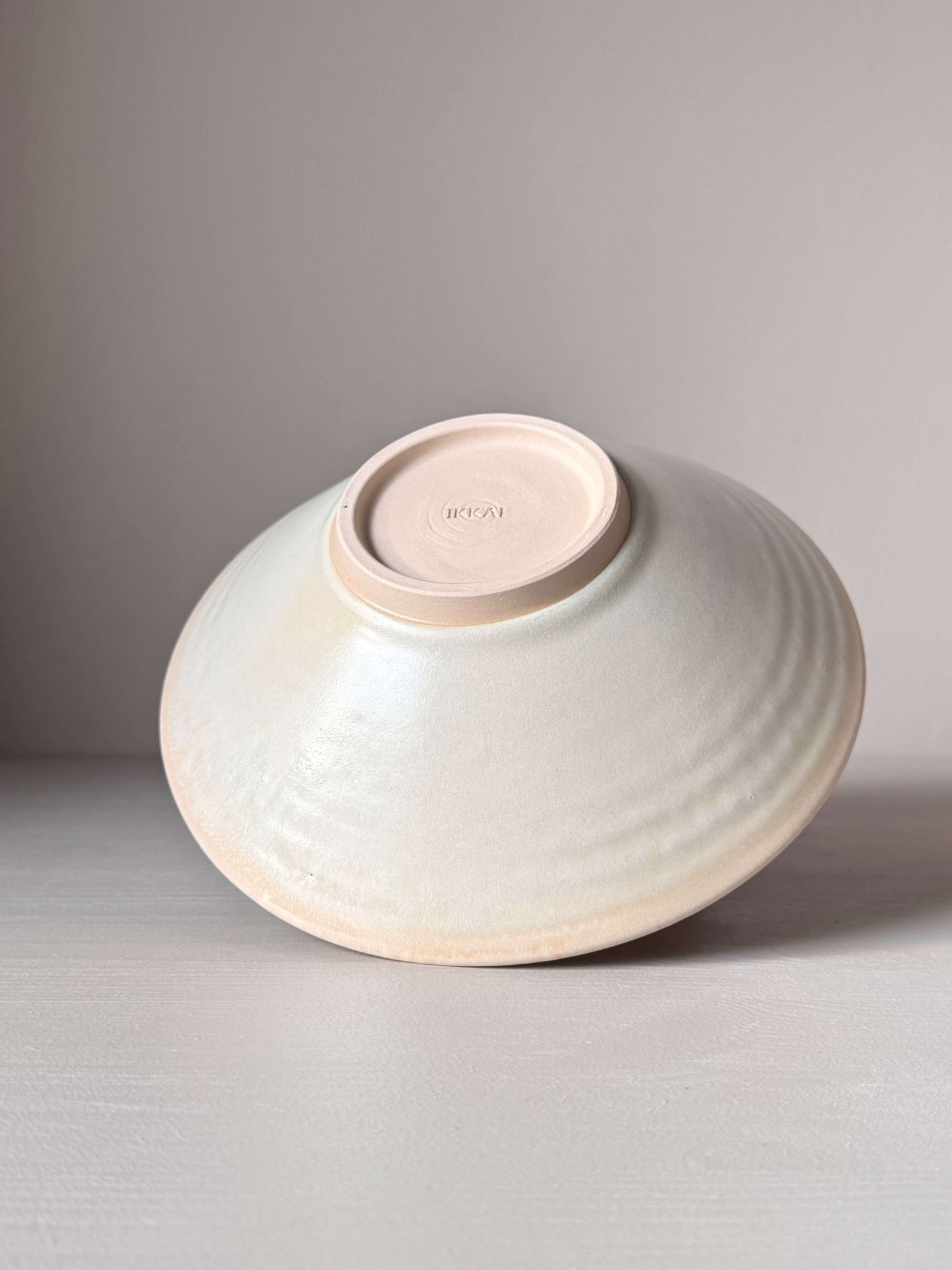 Handmade wheel-thrown Shallow Dish with Moonstone glaze, showcasing unique texture and craftsmanship. Safe for food use.