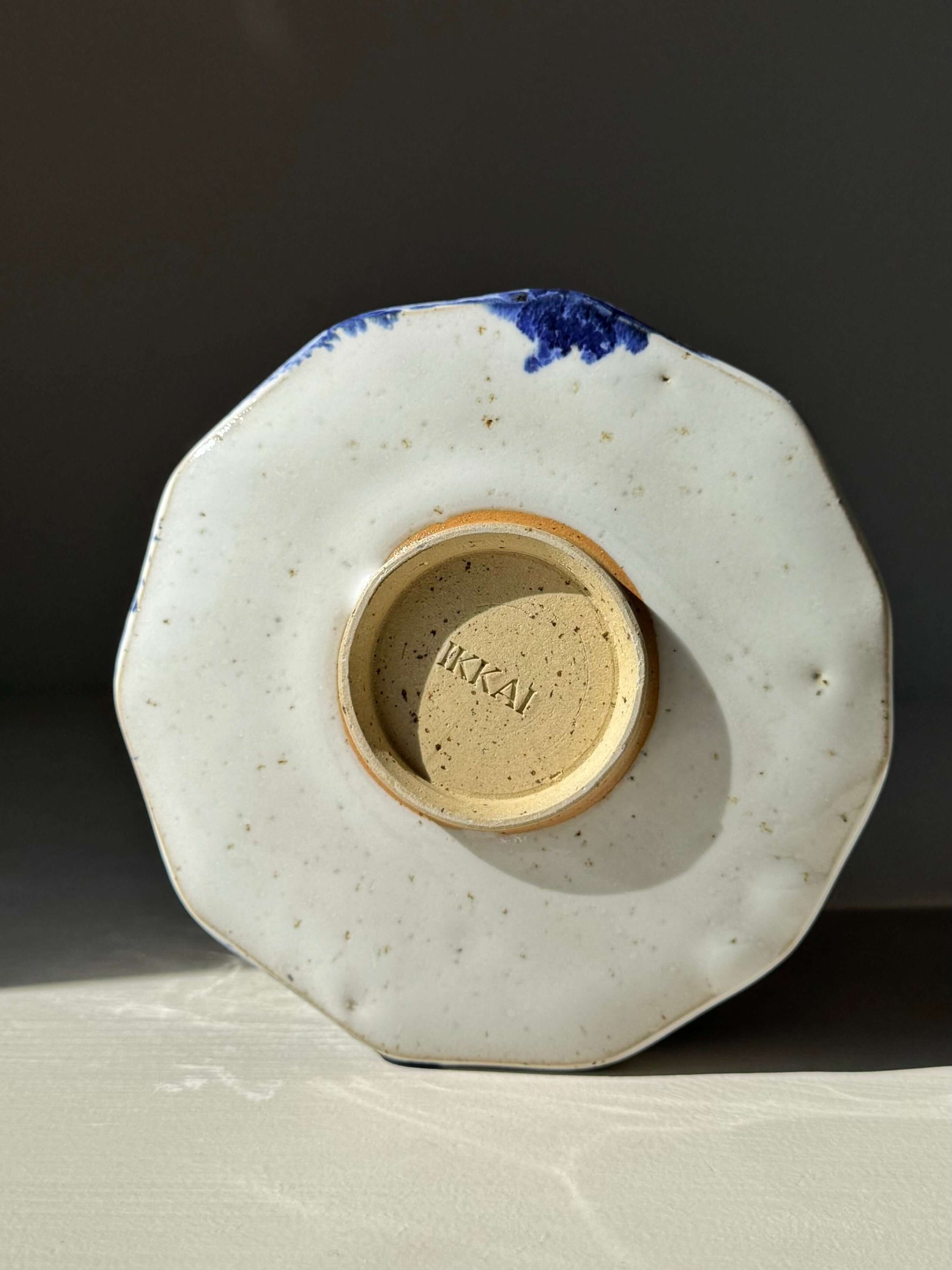 Underside view of handmade ceramic Faceted Matcha Bowl with Spout – Cobalt Blue & Glossy White Glaze #05