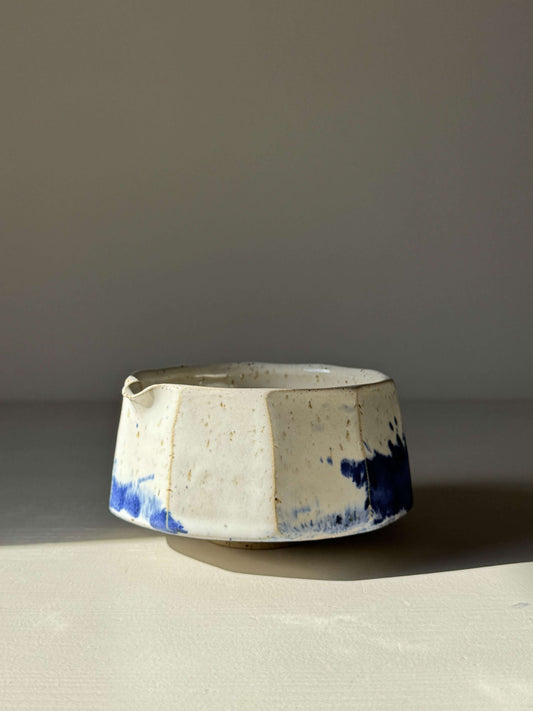 Faceted Matcha Bowl with Spout – Cobalt Blue & Glossy White Glaze #09, handmade ceramic with unique faceted design.