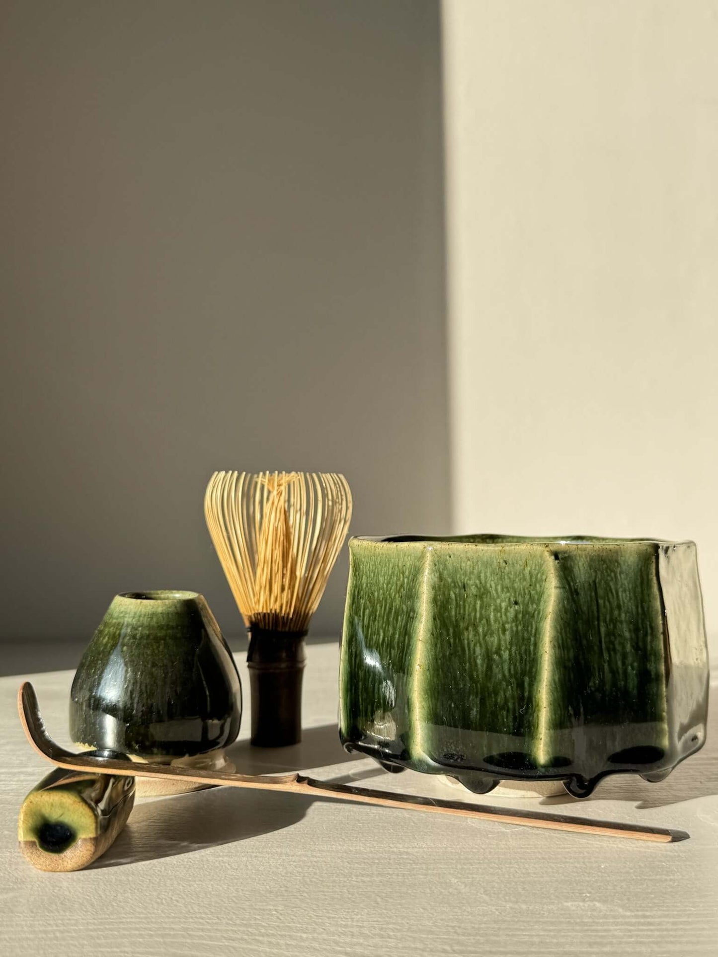 Faceted Matcha Bowl - Hinoki #01 with deep green glaze and tea accessories