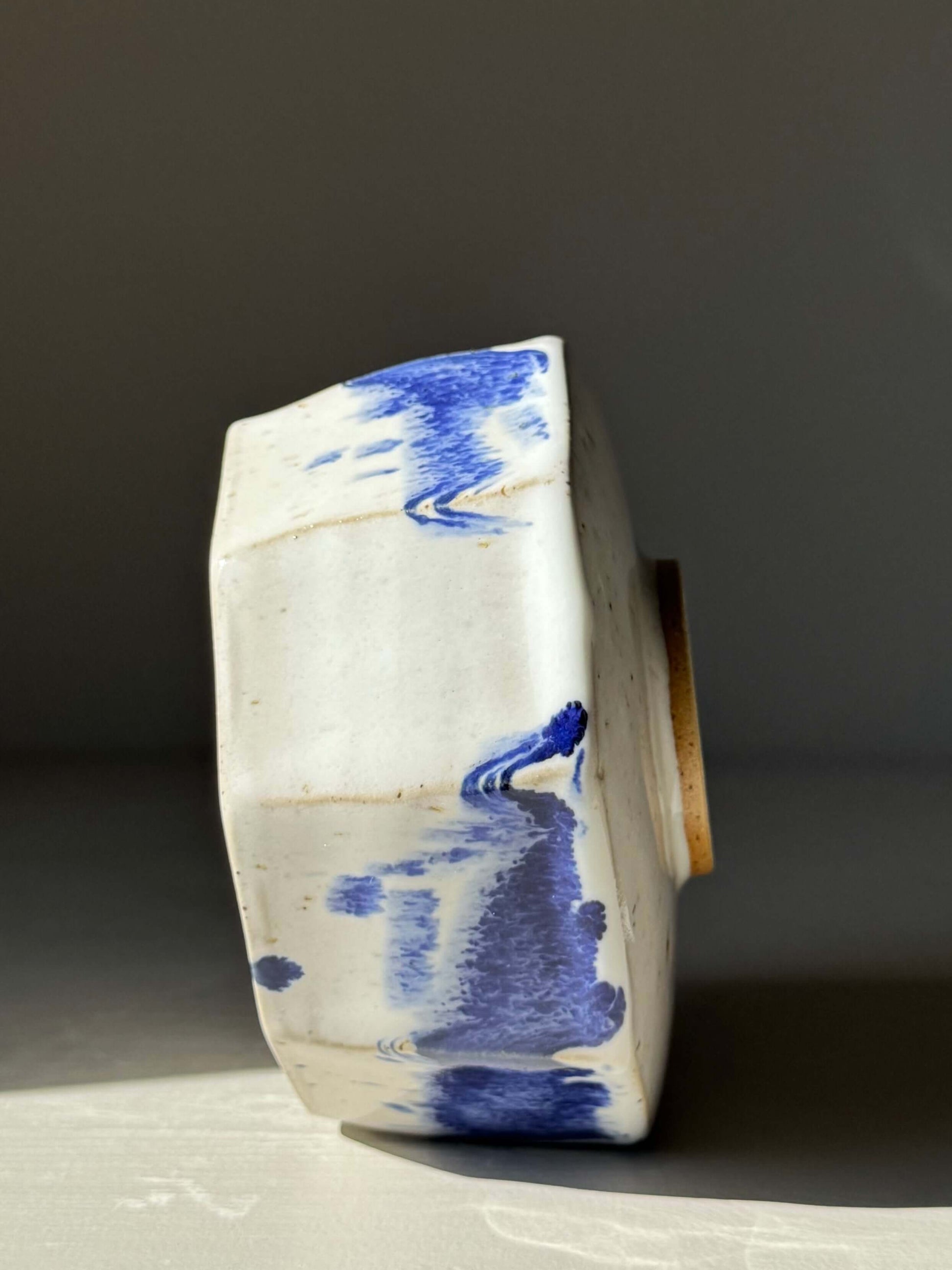 Side view of Faceted Matcha Bowl with Spout – Cobalt Blue & Glossy White Glaze #07, showcasing handmade ceramic design.