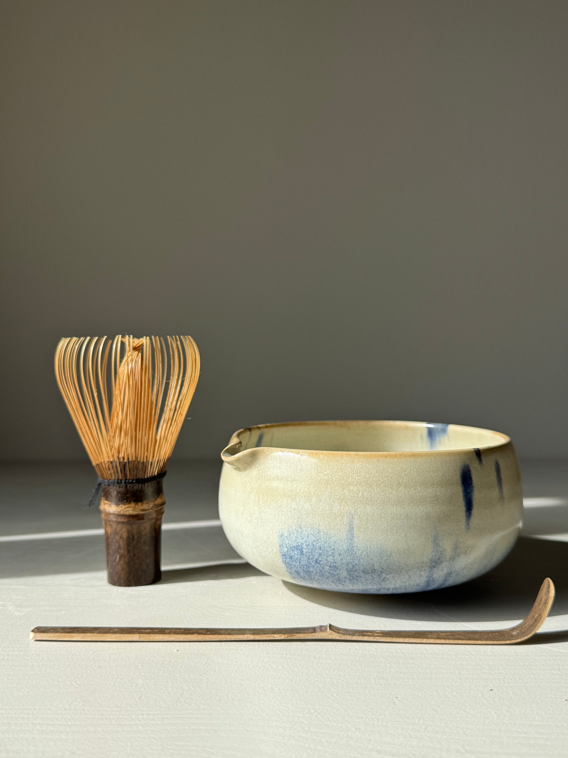 Katakuchi Matcha Bowl with Spout - Cobalt Blue & Moonstone Glaze, handmade ceramic, with bamboo whisk and scoop.