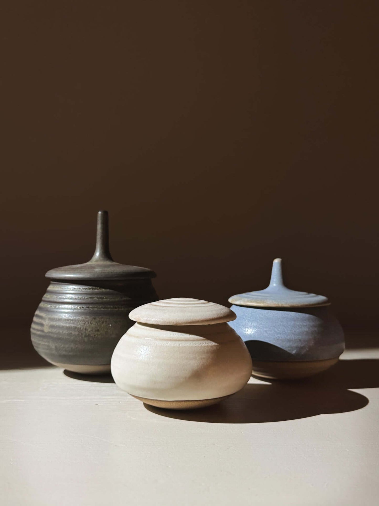 Handmade ceramic Lidded Jar - Eggshell #04 with two pottery companions in natural light.