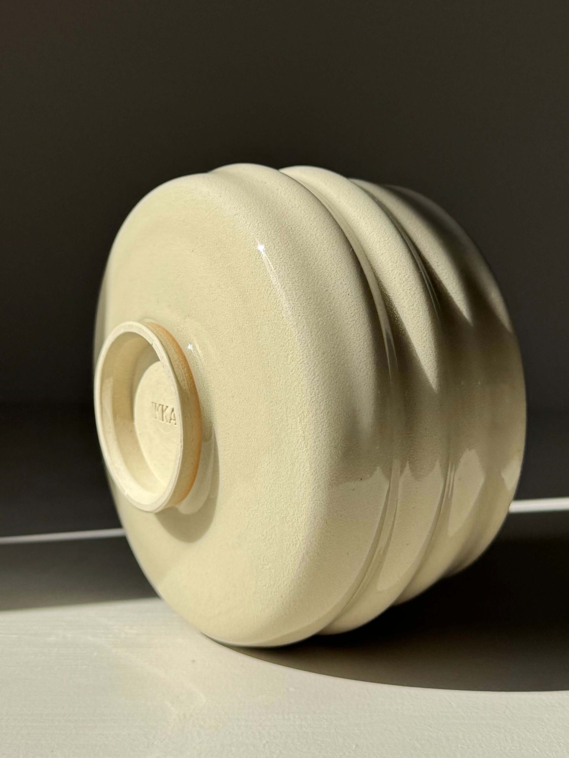 Handmade ceramic Matcha Bowl - Clear Glaze #02 with carved ridges and a wide foot for balance in natural lighting.