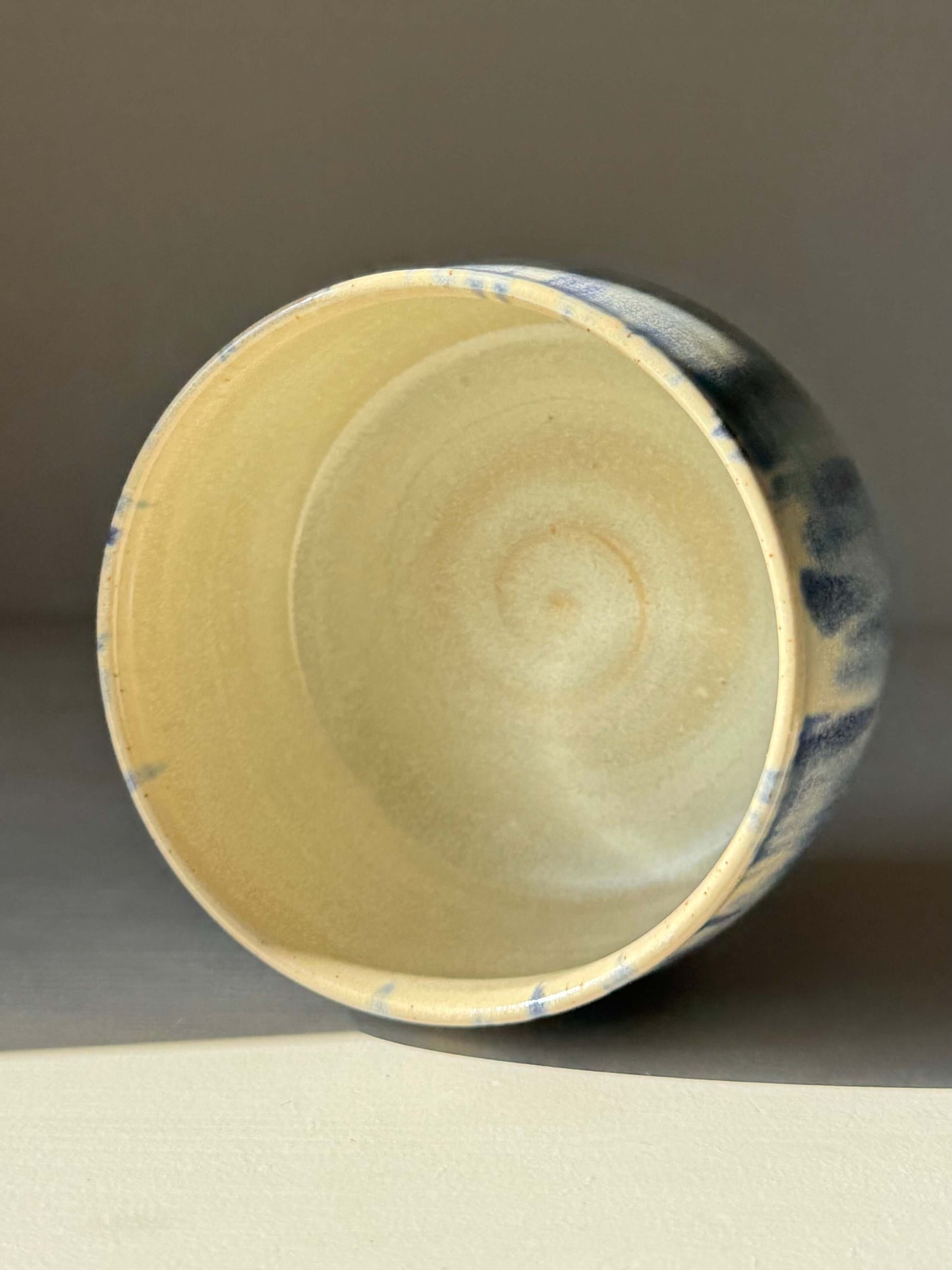 Handmade ceramic Matcha bowl - Cobalt Blue & Moonstone Glaze #03, showing interior swirl pattern, 8cm height, 11cm diameter.