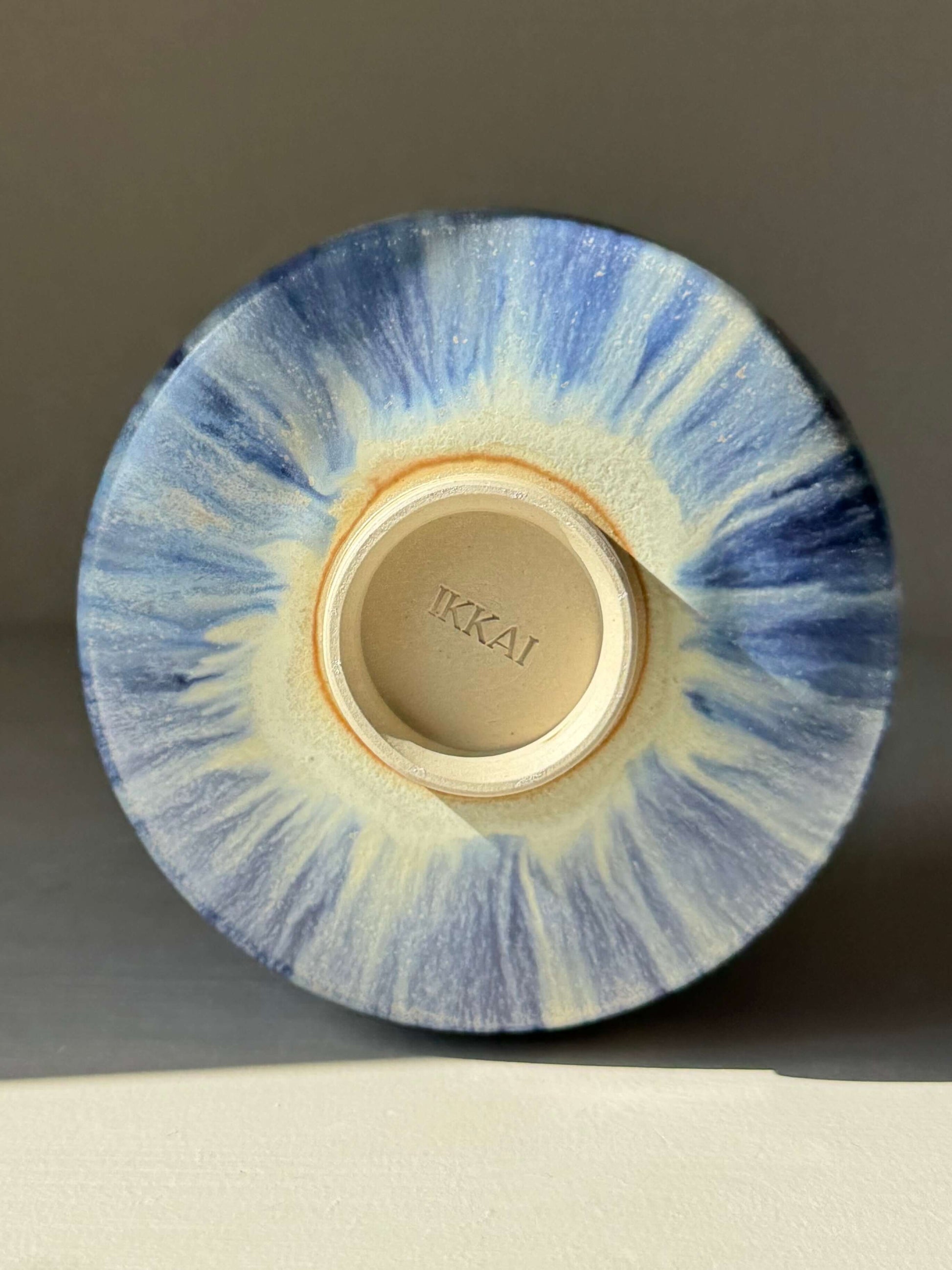 Bottom view of handmade ceramic Matcha bowl - Cobalt Blue & Moonstone Glaze #04 showing unique glaze and craftsmanship.