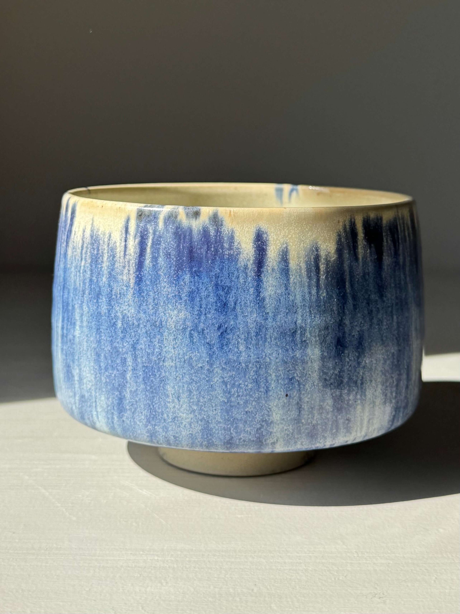 Handmade ceramic Matcha bowl - Cobalt Blue & Moonstone Glaze #06 with deep blue and soft moonstone hues, small crack on foot.