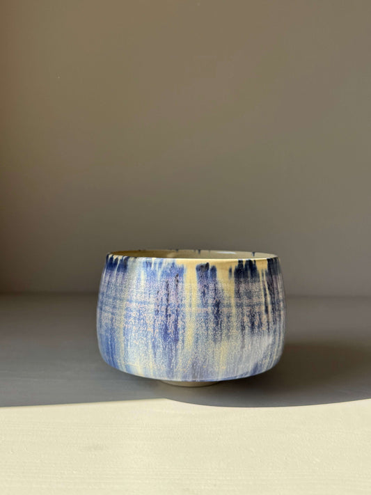 Handmade ceramic Matcha bowl - Cobalt Blue & Moonstone Glaze #02 with brushstroke design, ideal for tea moments.