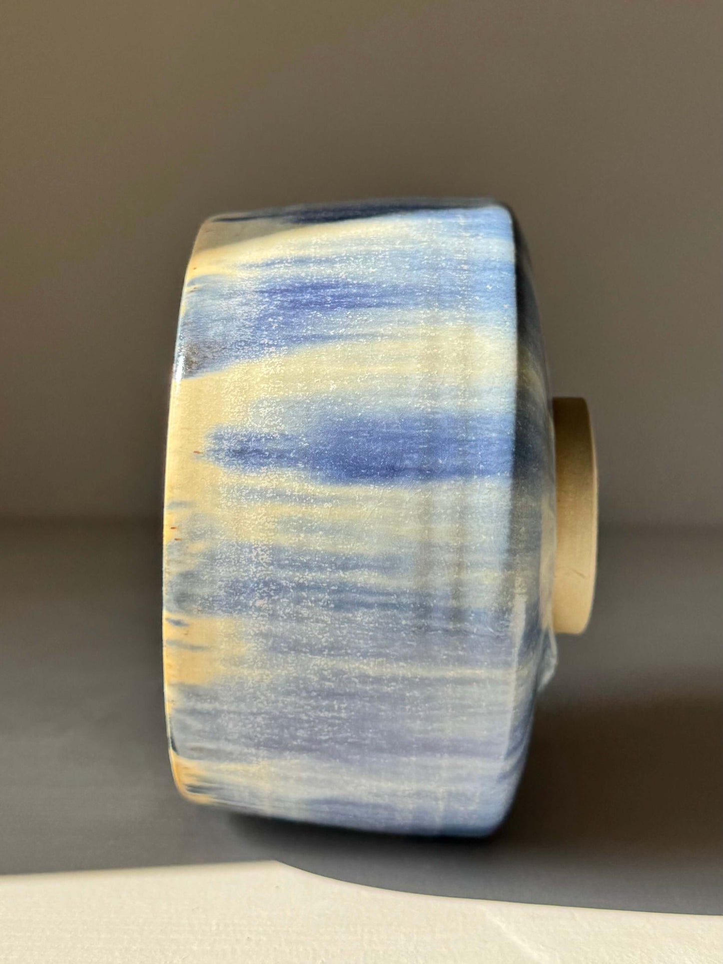 Side view of Matcha bowl - Cobalt Blue & Moonstone Glaze #05, showcasing handmade ceramic texture and layered blue glaze.