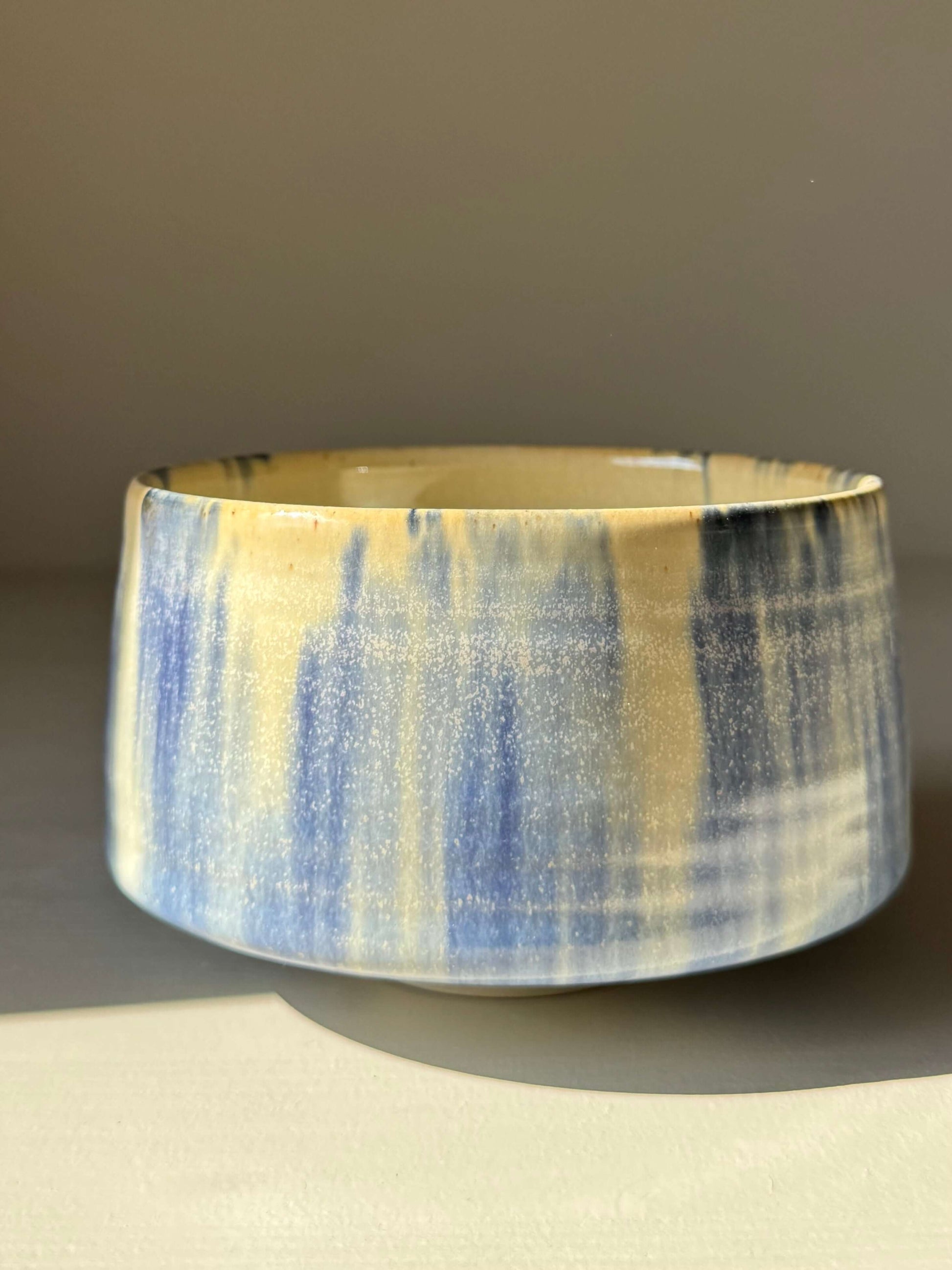 Handmade ceramic Matcha bowl - Cobalt Blue & Moonstone Glaze #05, rounded tall design, with deep blue and moonstone hues.