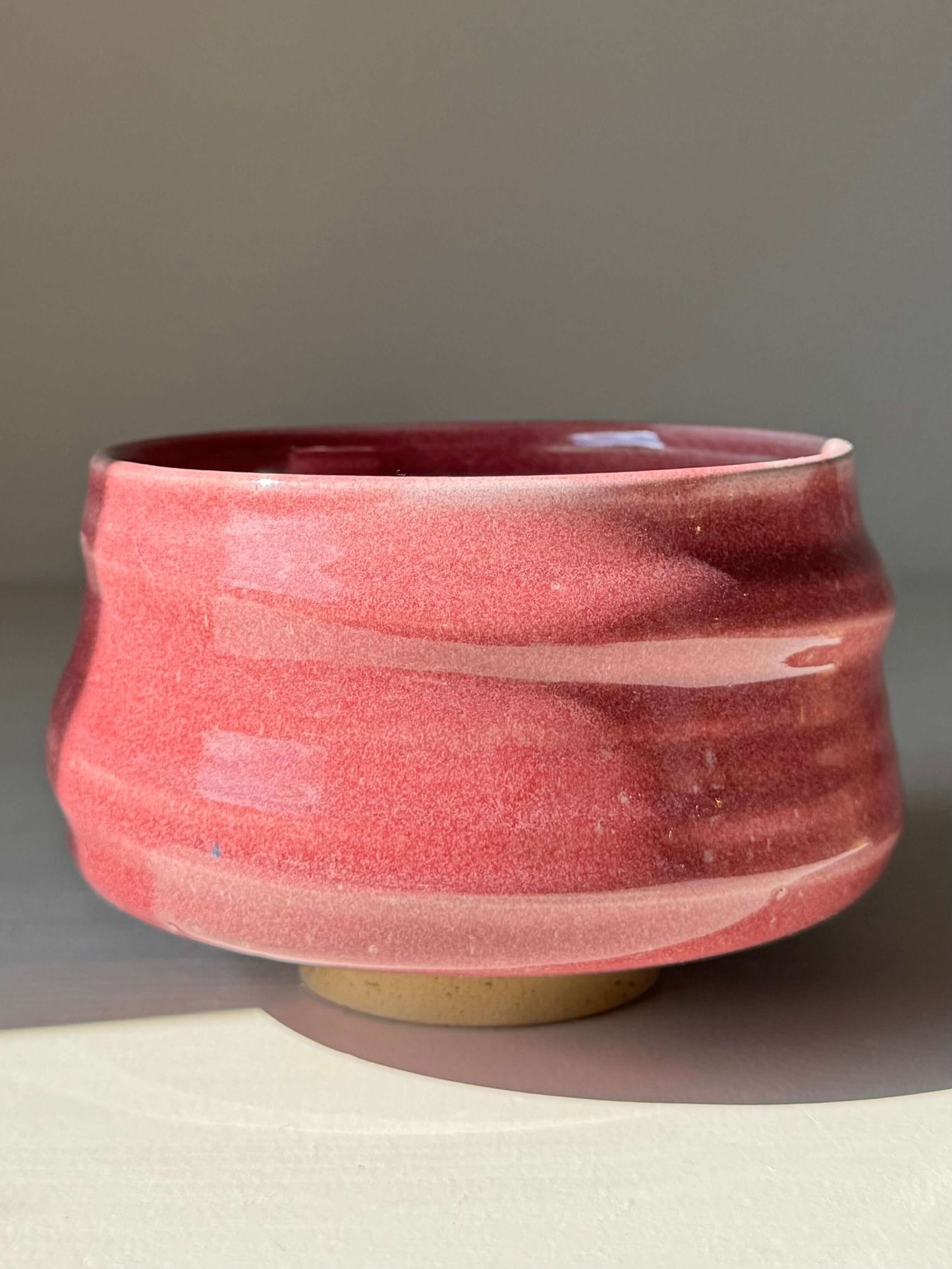 Matcha Bowl - Ume Series #02, handmade ceramic with pink ume blossom-inspired design, rounded shape and wide foot.