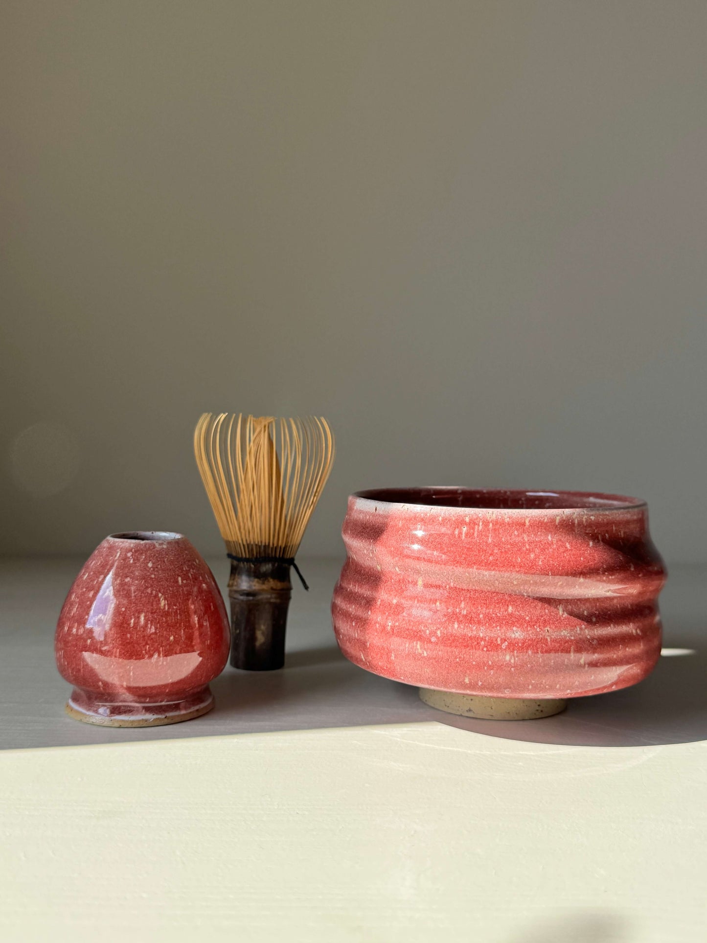Matcha Bowl - Ume Series #04, handmade ceramic bowl inspired by Japanese Ume blossoms, with chasen whisk and water jug side by side