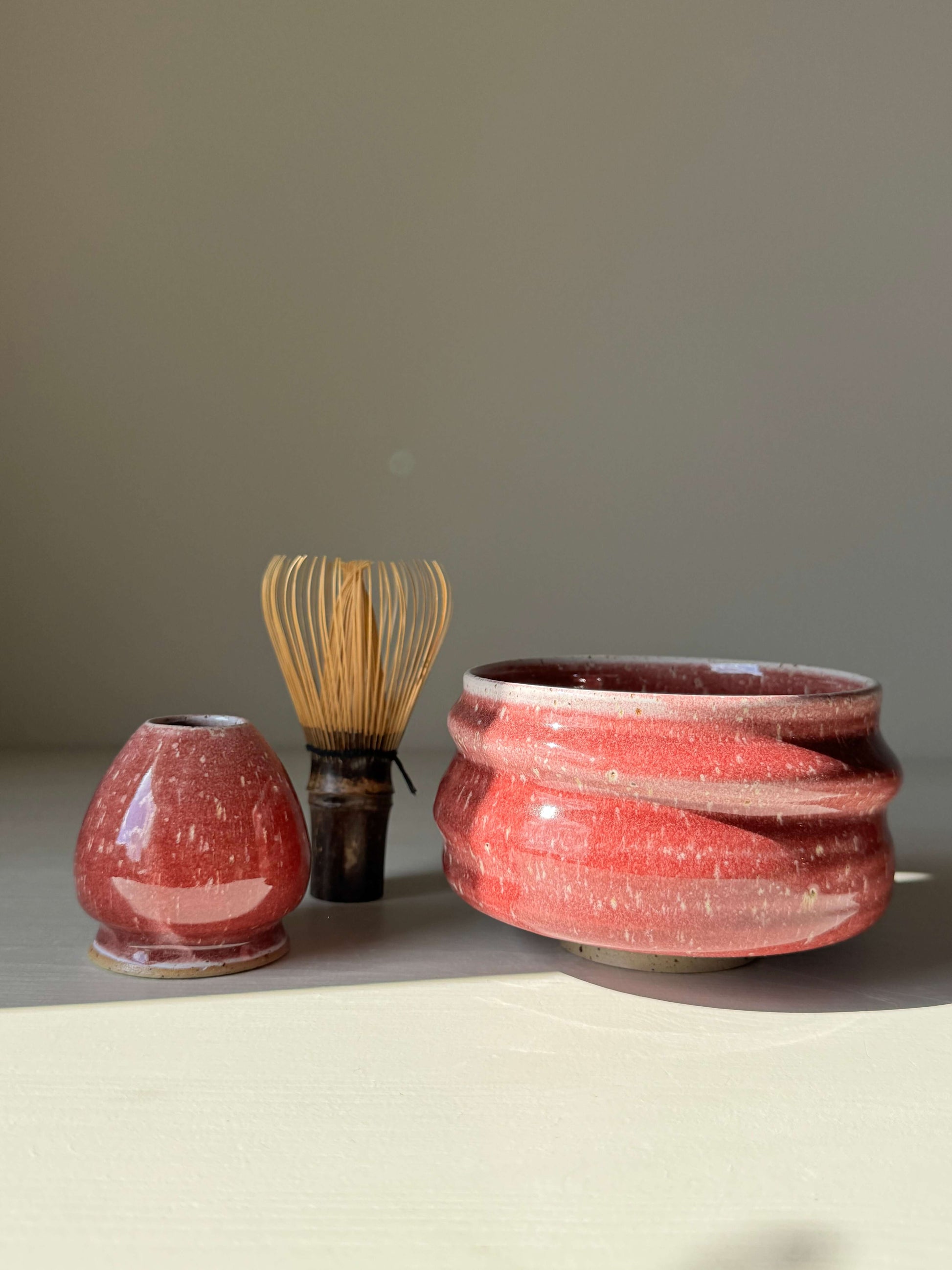 Handmade ceramic Matcha Bowl - Ume Series #03 with whisk and stand, inspired by Japanese Ume blossom.