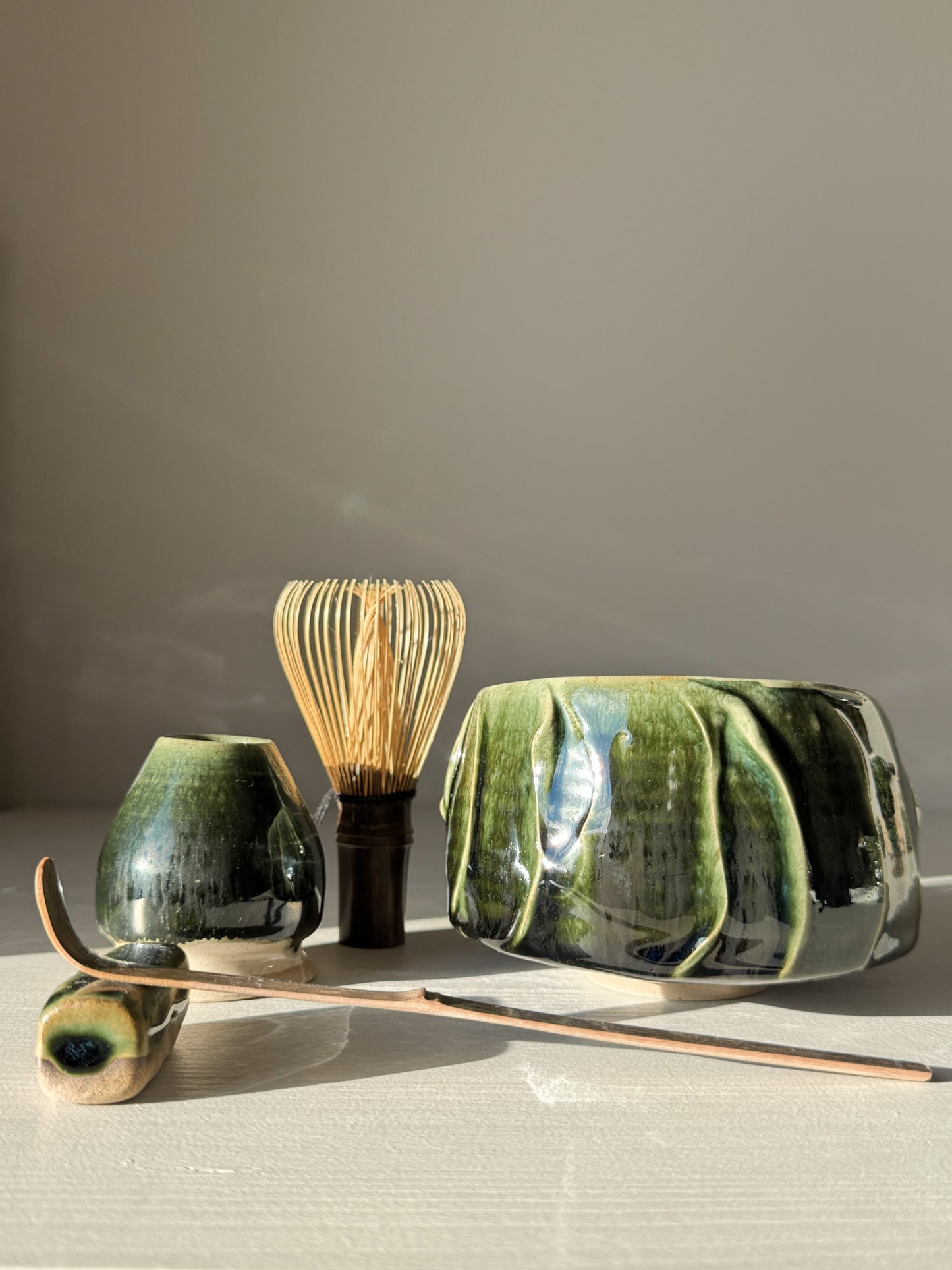 Textured Matcha Bowl - Hinoki #01 with green glaze and natural texture, part of the Hinoki Series for an enhanced matcha ritual experience.