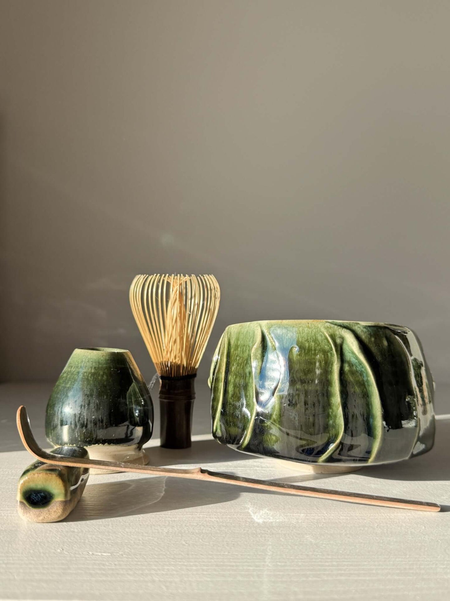 Textured Matcha Bowl - Hinoki #01 with green glaze and natural texture, part of the Hinoki Series for an enhanced matcha ritual experience.