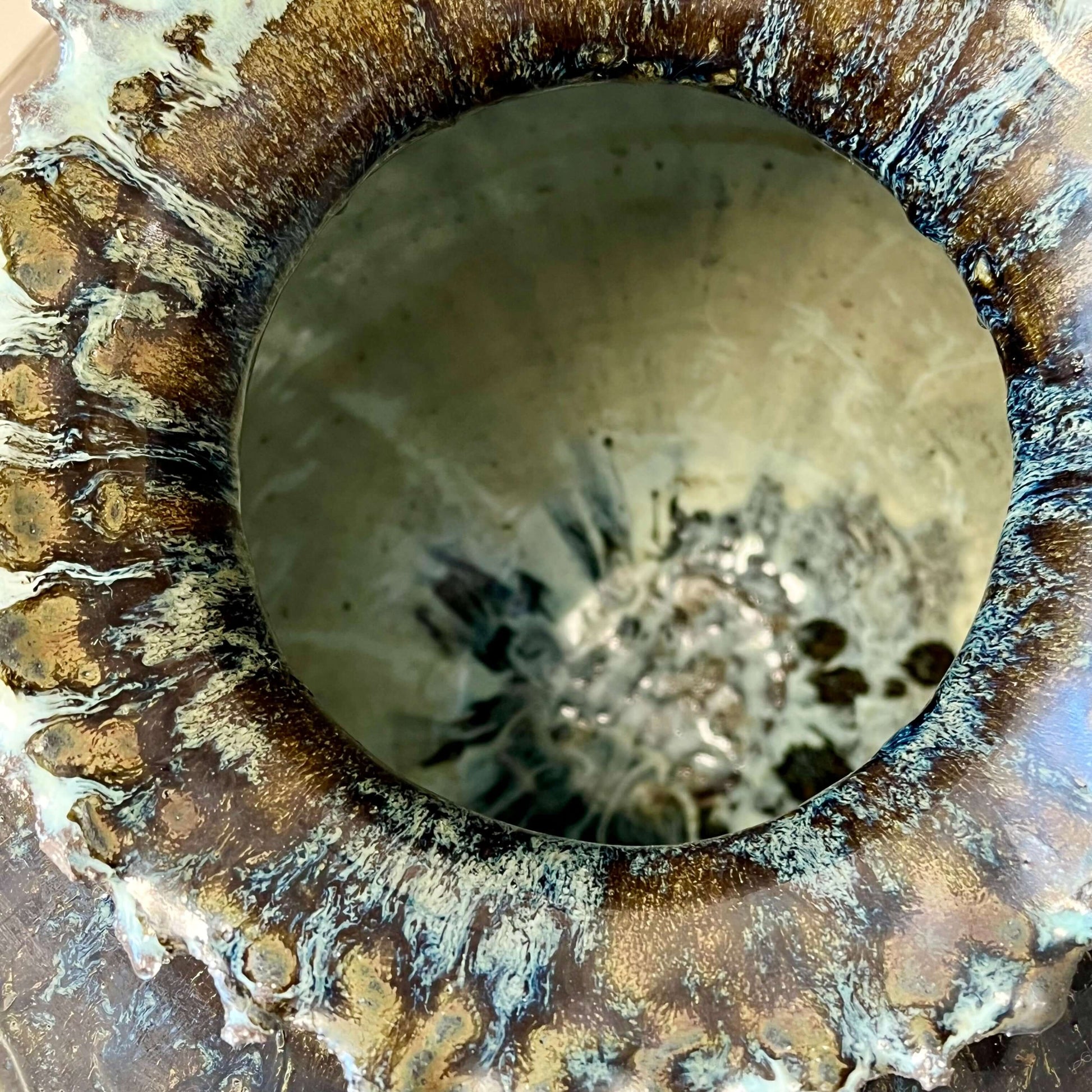 Top view of Extra Large Hand built Vase showcasing handmade ceramic glaze detailing.