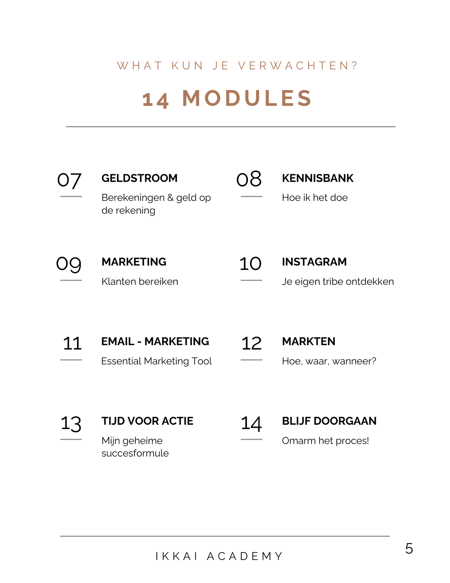 Overview of 14 modules from Ikkai Academy covering topics like marketing, Instagram, and business strategies in Dutch.