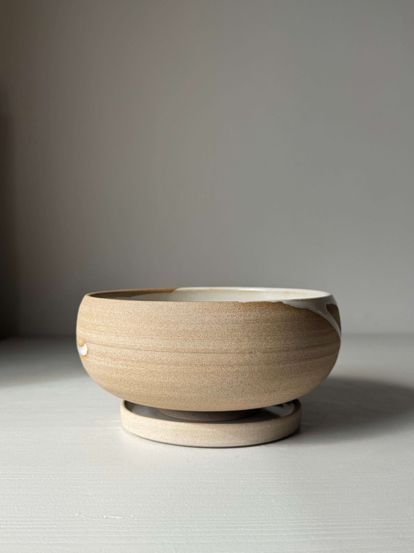 Rounded Berry Bowl - Yuki handmade ceramic with white glaze on toffee clay, includes matching drip plate for fresh fruit or herbs rinsing.