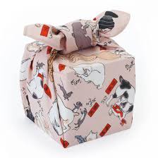 Small Furoshiki Cats Fifty Three Stations Pattern wrapped gift with playful cat designs.
