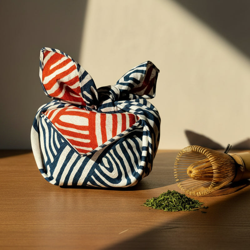 Small Furoshiki - Blue & Orange from Isa Monyo Collection, reversible design, handmade ceramic look, 48 cm x 48 cm size, artistic wrapping