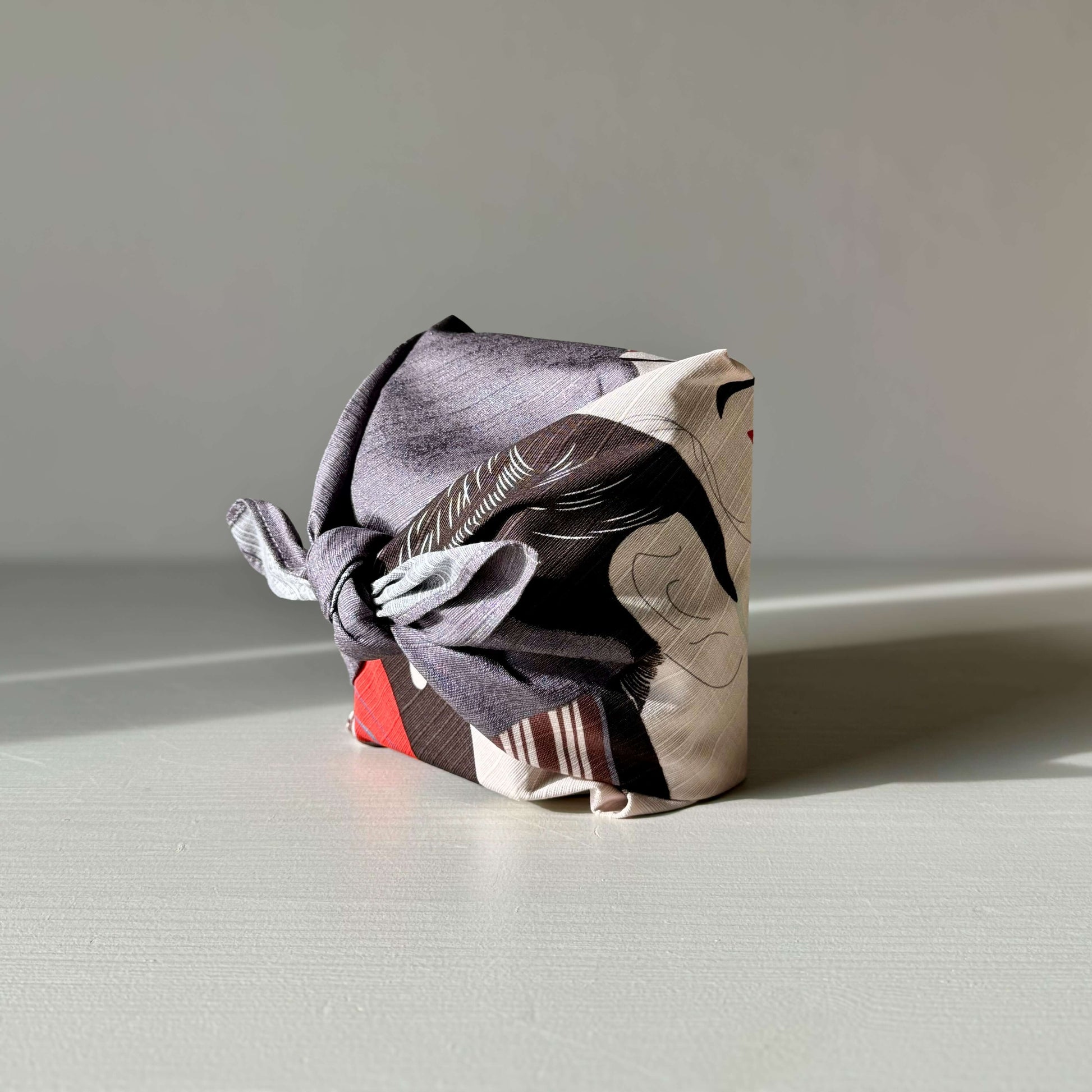 Small Furoshiki - Sharaku Gray wrapped gift, reusable cotton fabric for handmade ceramic items.
