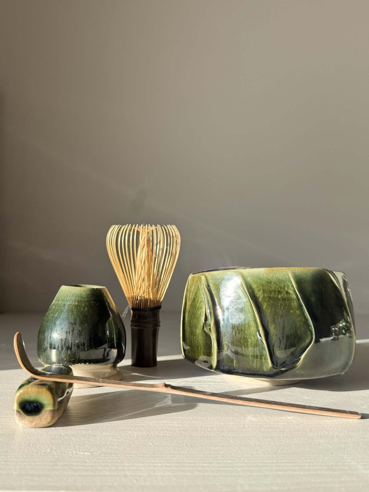 Textured Matcha Bowl - Hinoki #02 with green glaze, part of the Hinoki Series, inspired by calming green hues and natural beauty.