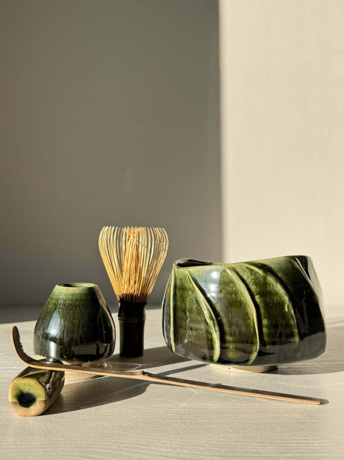 Textured Matcha Bowl - Hinoki #15 with green glaze and textured finish, Hinoki Series