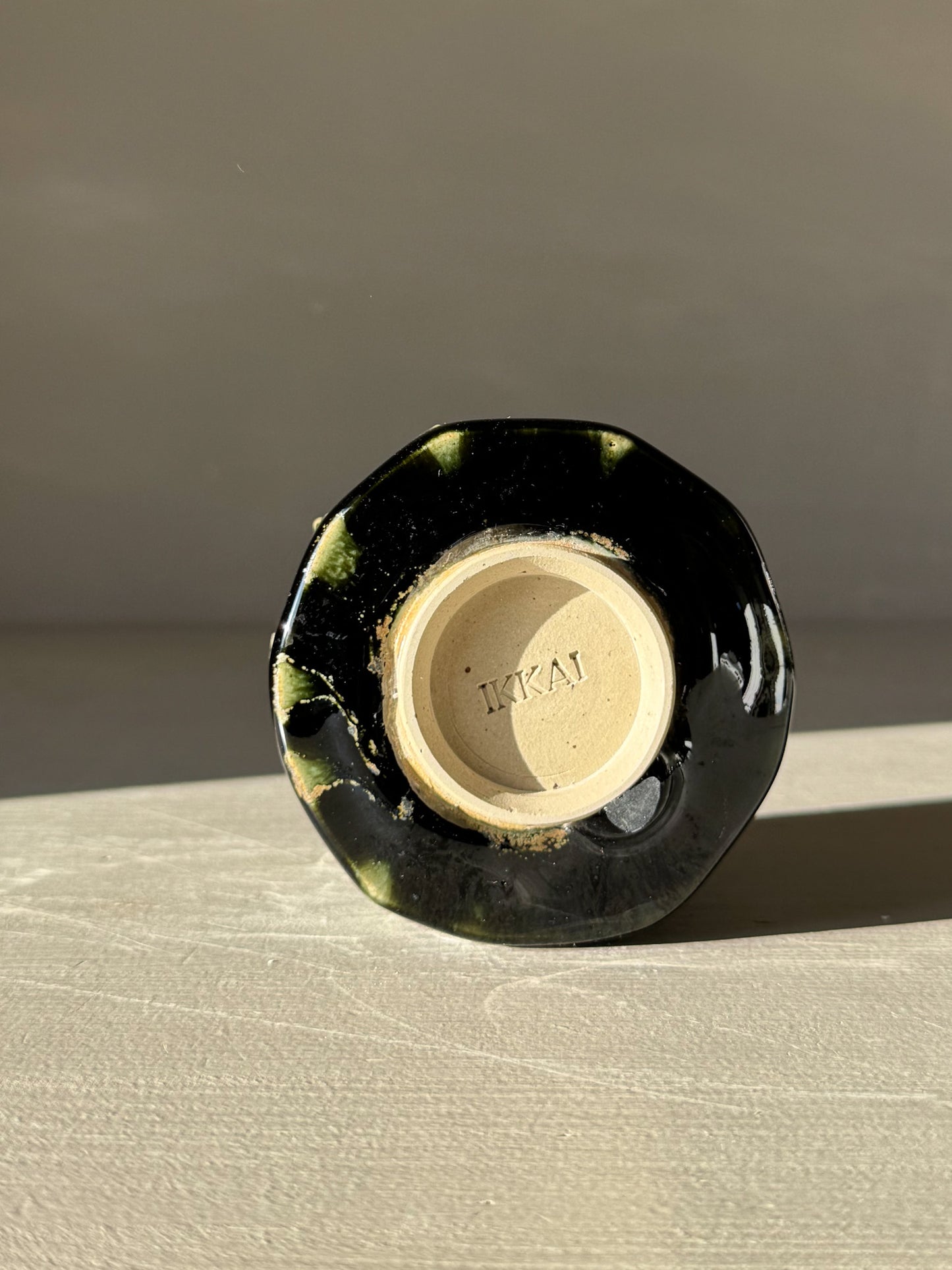 Yunomi Cup - Hinoki #14 base view with deep green glaze and unique texture lines, showcasing artisanal craftsmanship.