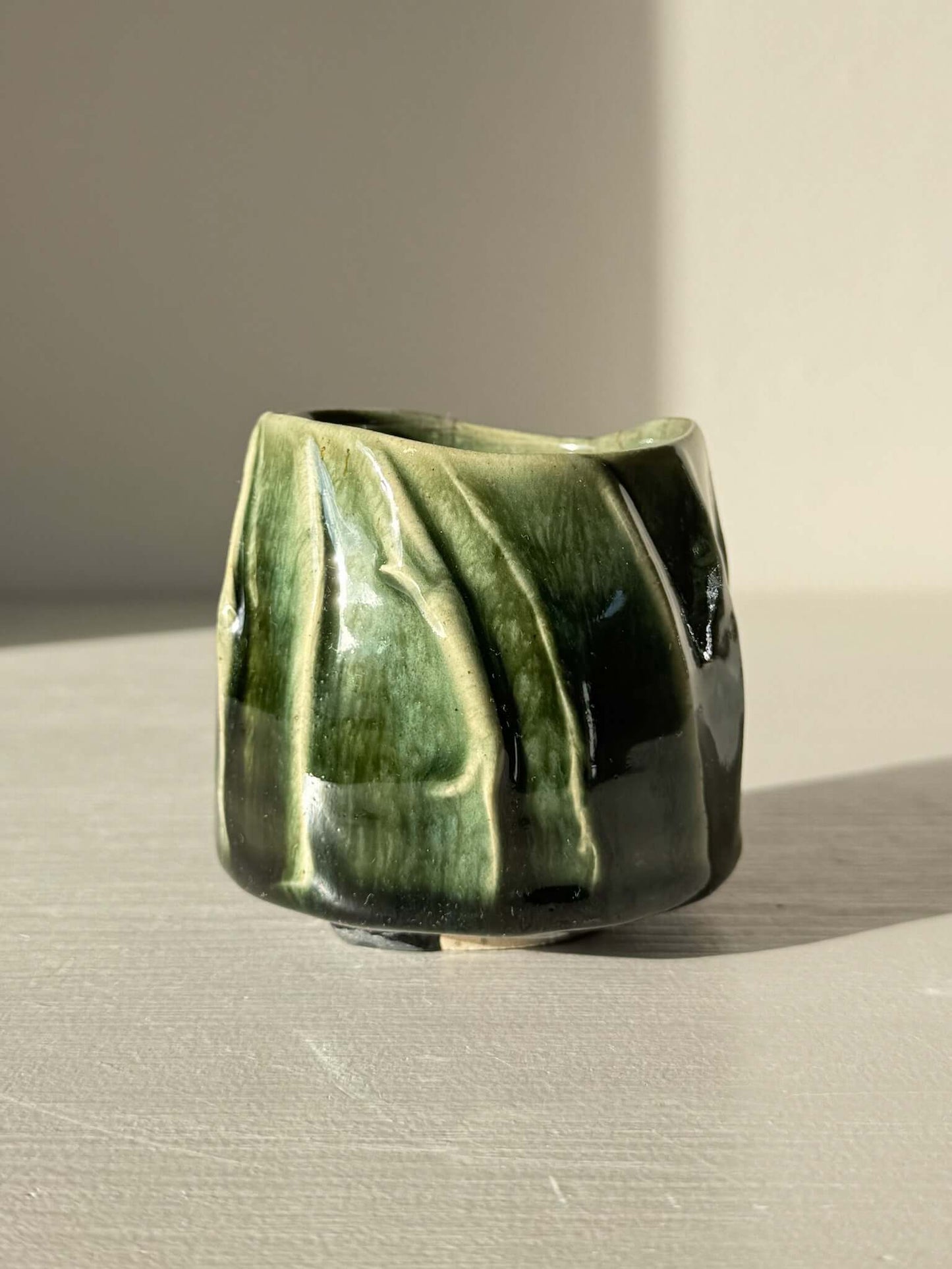 Yunomi Cup - Hinoki Series #20, handmade with deep green glaze and subtle textured lines, perfect for everyday tea moments.