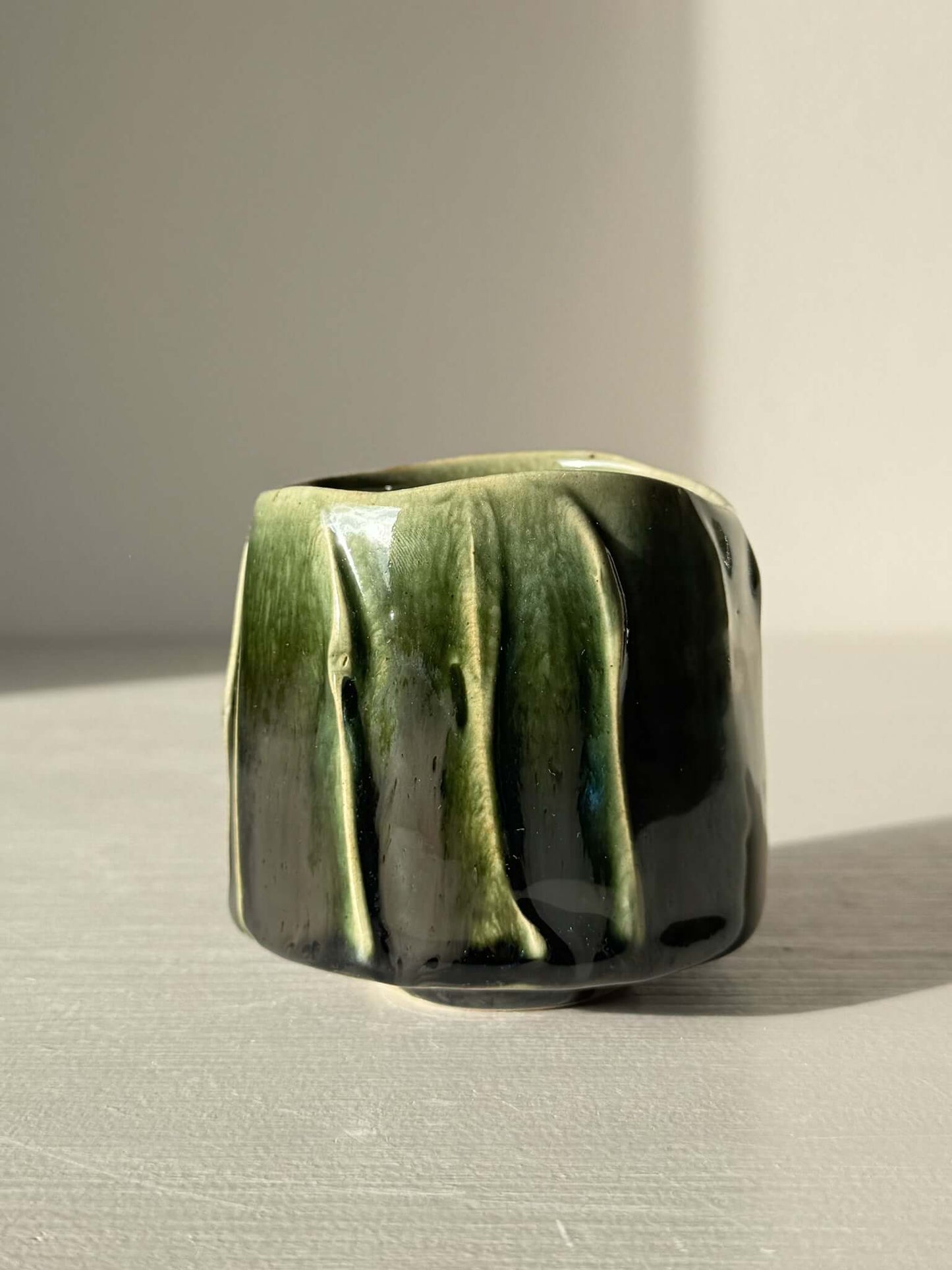 Yunomi Cup - Hinoki Series #24 with deep green glaze, handmade with unique slip decoration.