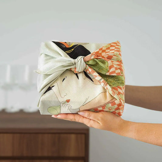 Traditional Japanese furoshiki wrapping cloth used for eco-friendly gift wrapping of handmade ceramics and matcha bowls.