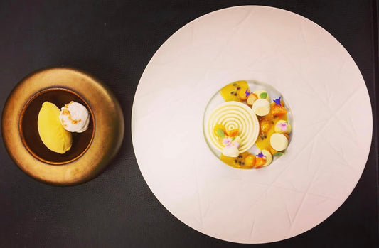 Fine dining desserts by Abel Pepping, reflecting his background as a chef before starting his pottery business.