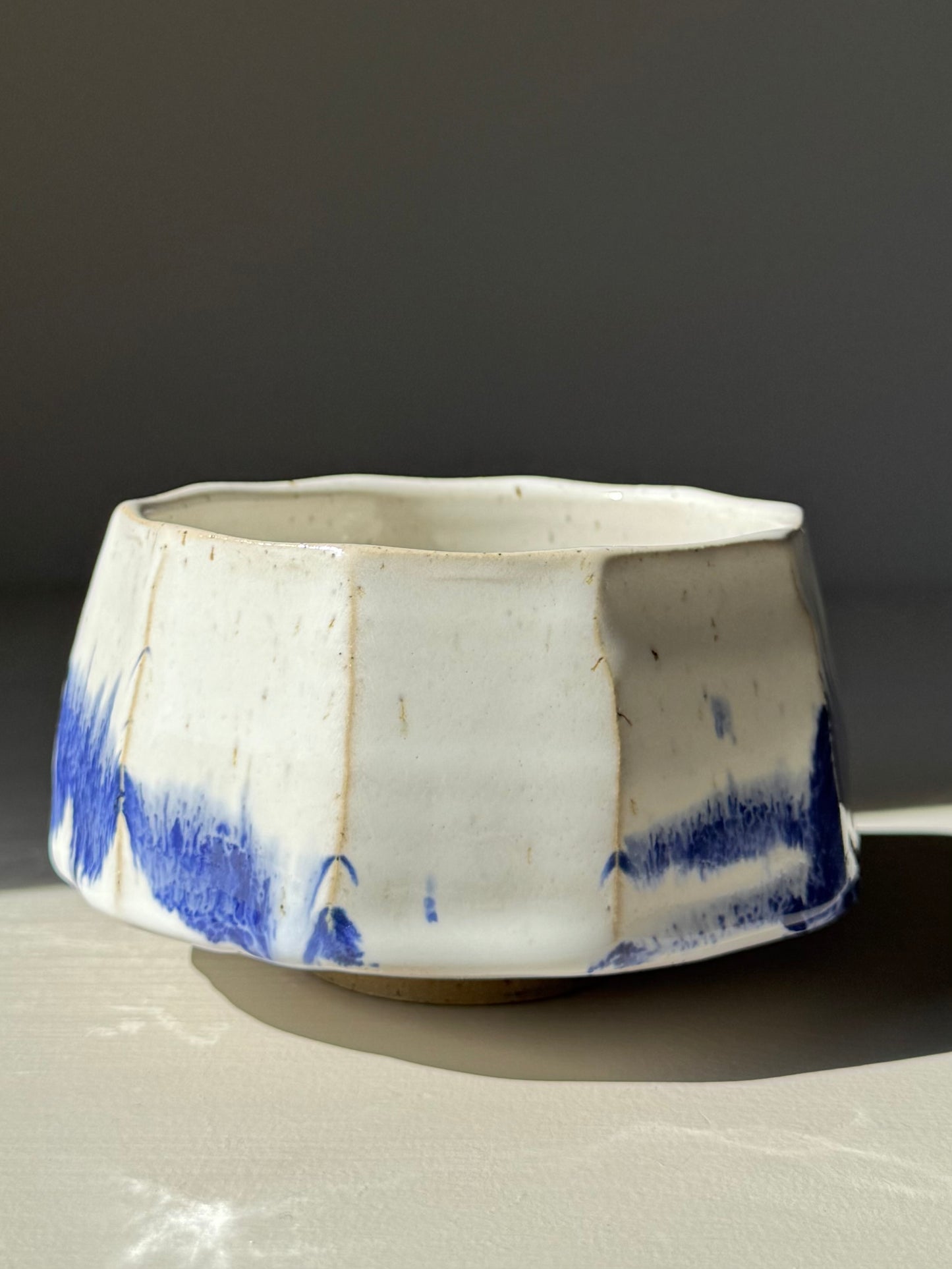 Faceted Matcha Bowl – Cobalt Blue & Glossy White Glaze #02