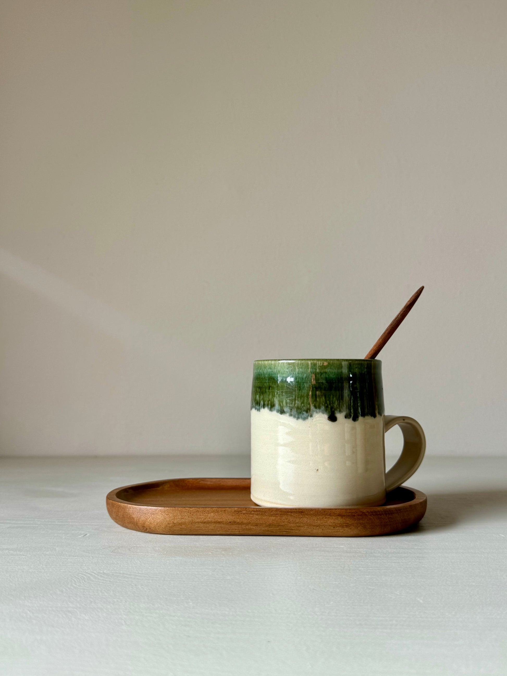 Handmade Mug - Clear glaze & Green Rim