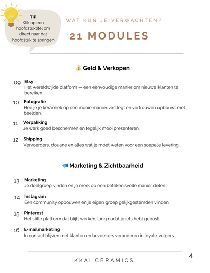 How to Start a Pottery Business – A Guide for Ceramic Artists. eBook page showing 21 modules and topics including Etsy, marketing, and shipping.