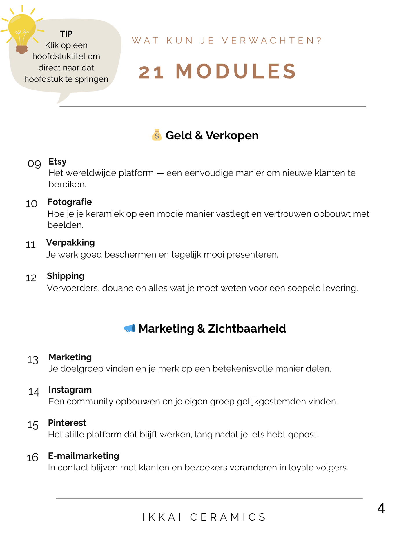 How to Start a Pottery Business – A Guide for Ceramic Artists. eBook page showing 21 modules and topics including Etsy, marketing, and shipping.