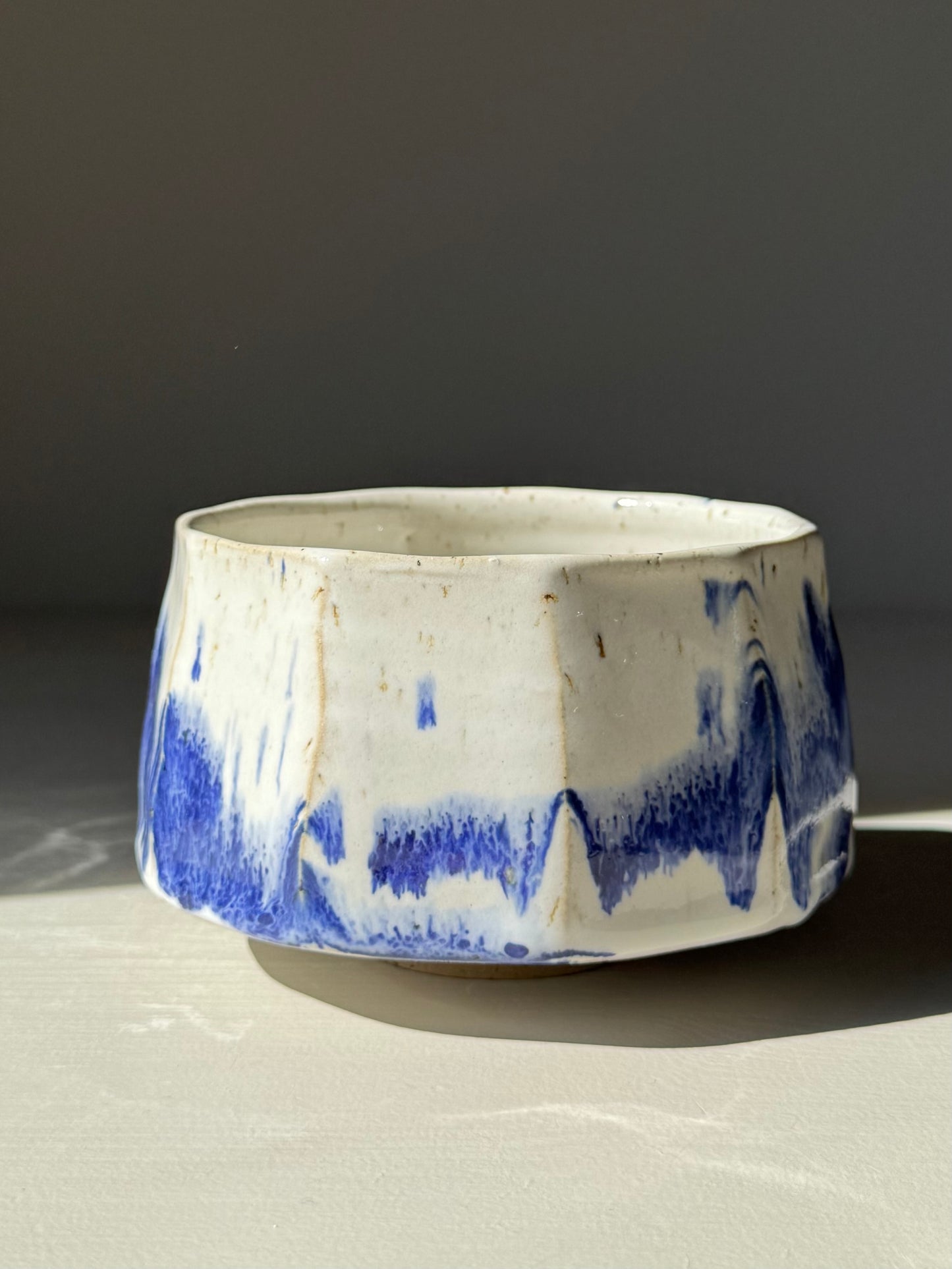 Faceted Matcha Bowl – Cobalt Blue & Glossy White Glaze #01