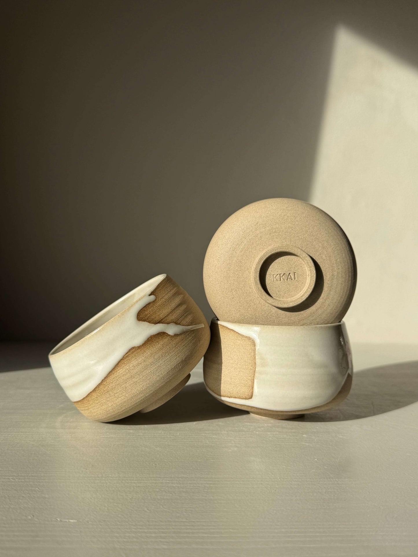Handmade ceramic Coffee cups - Yuki with unique white glaze on toffee clay