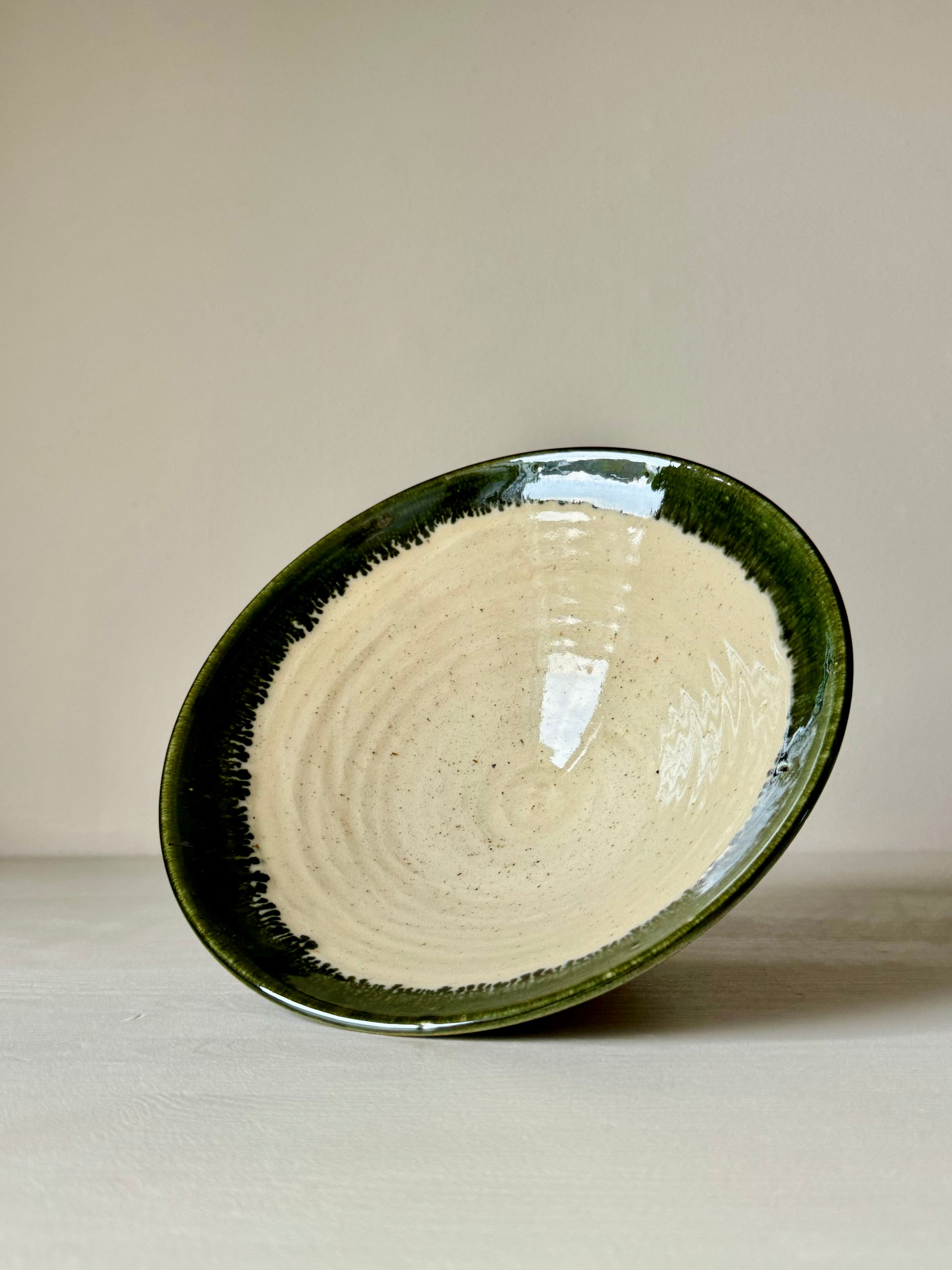 Handmade Medium Bowl - Clear glaze & Green Rim