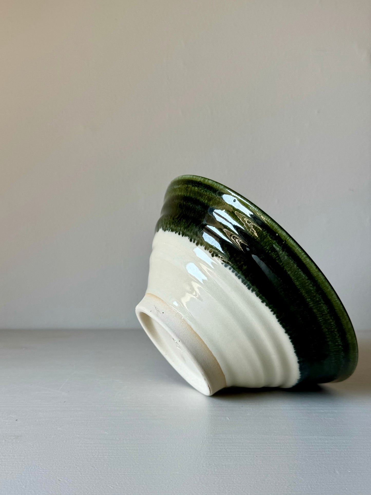 Handmade Medium Bowl - Clear glaze & Green Rim