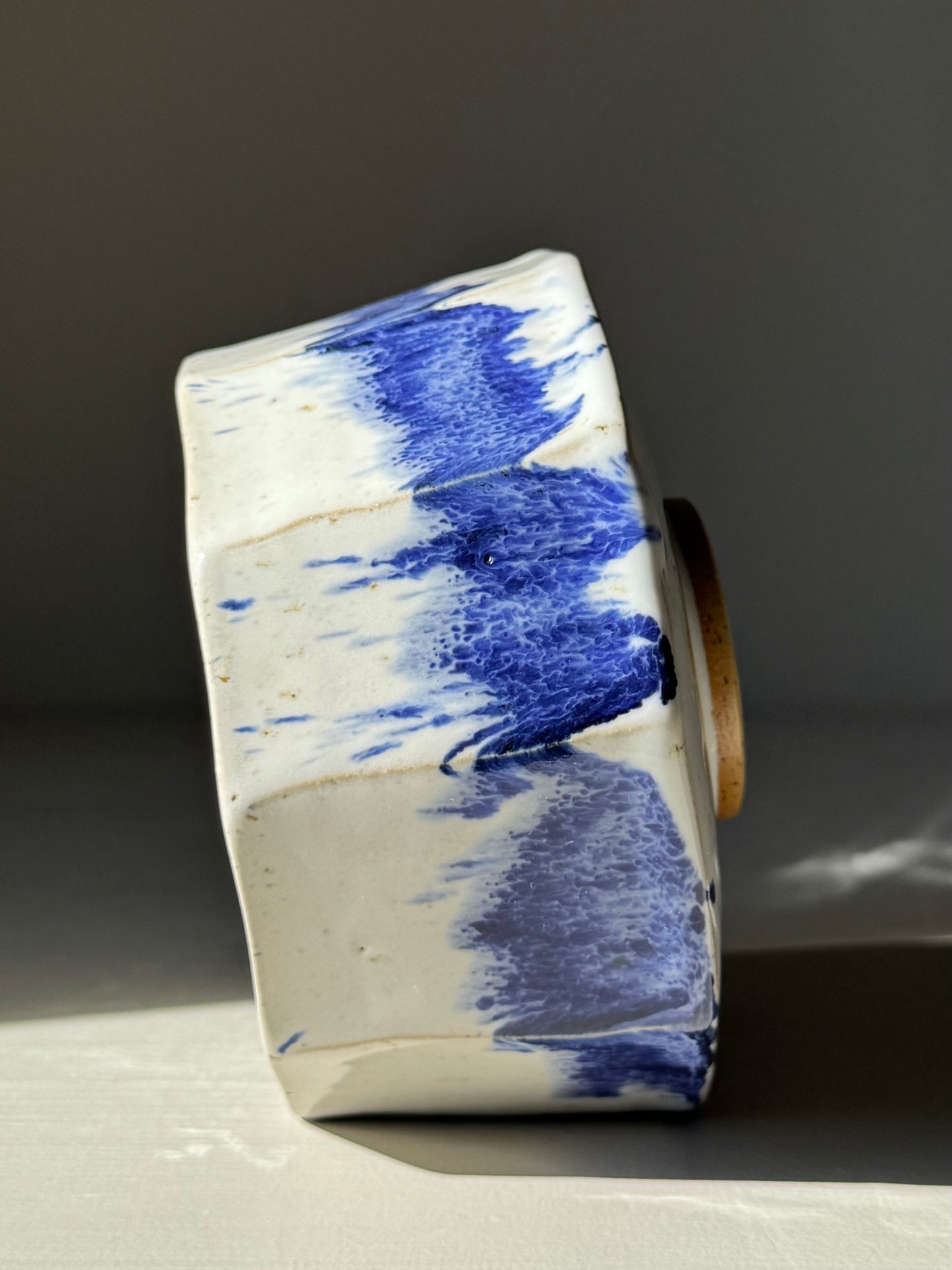 Faceted Matcha Bowl – Cobalt Blue & Glossy White Glaze #03