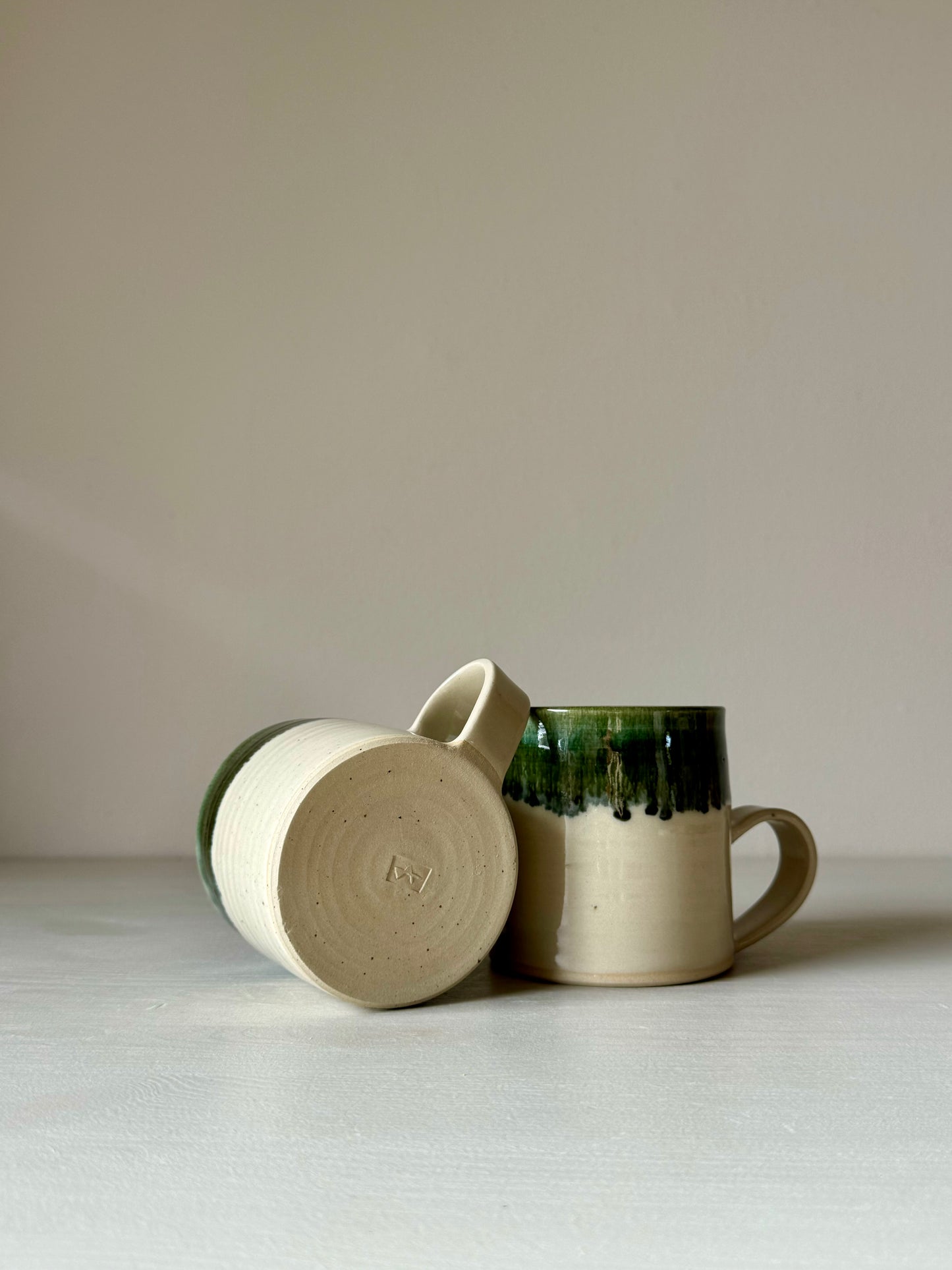 Handmade Ceramic Mug - Clear glaze & Green Rim