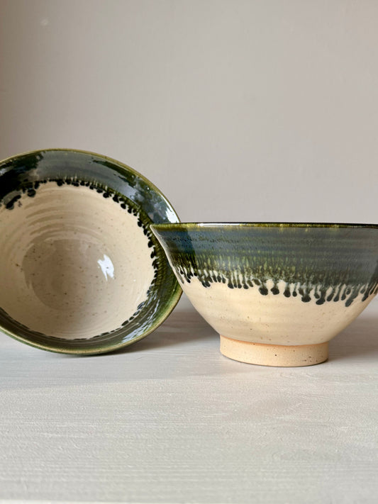 Medium Bowl - Clear glaze & Green Rim