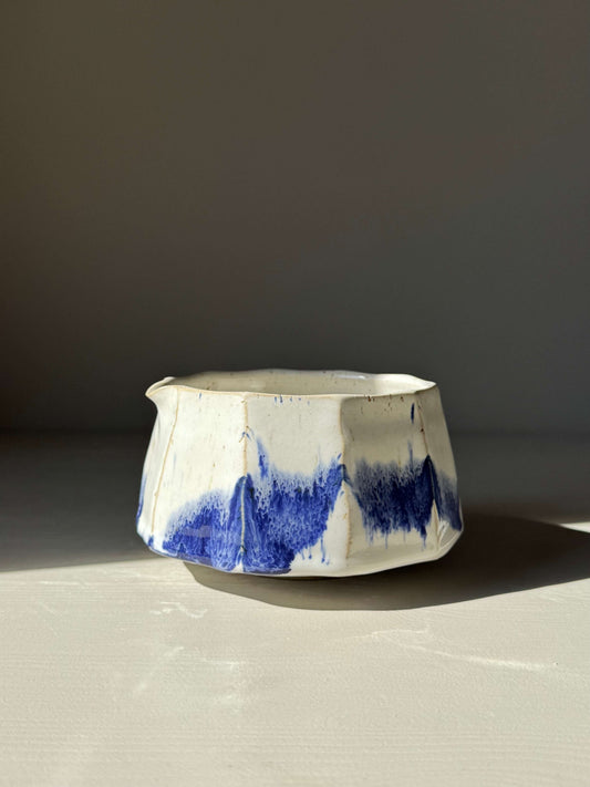 Handmade ceramic Faceted Matcha Bowl with Spout – Cobalt Blue & Glossy White Glaze #04 on display