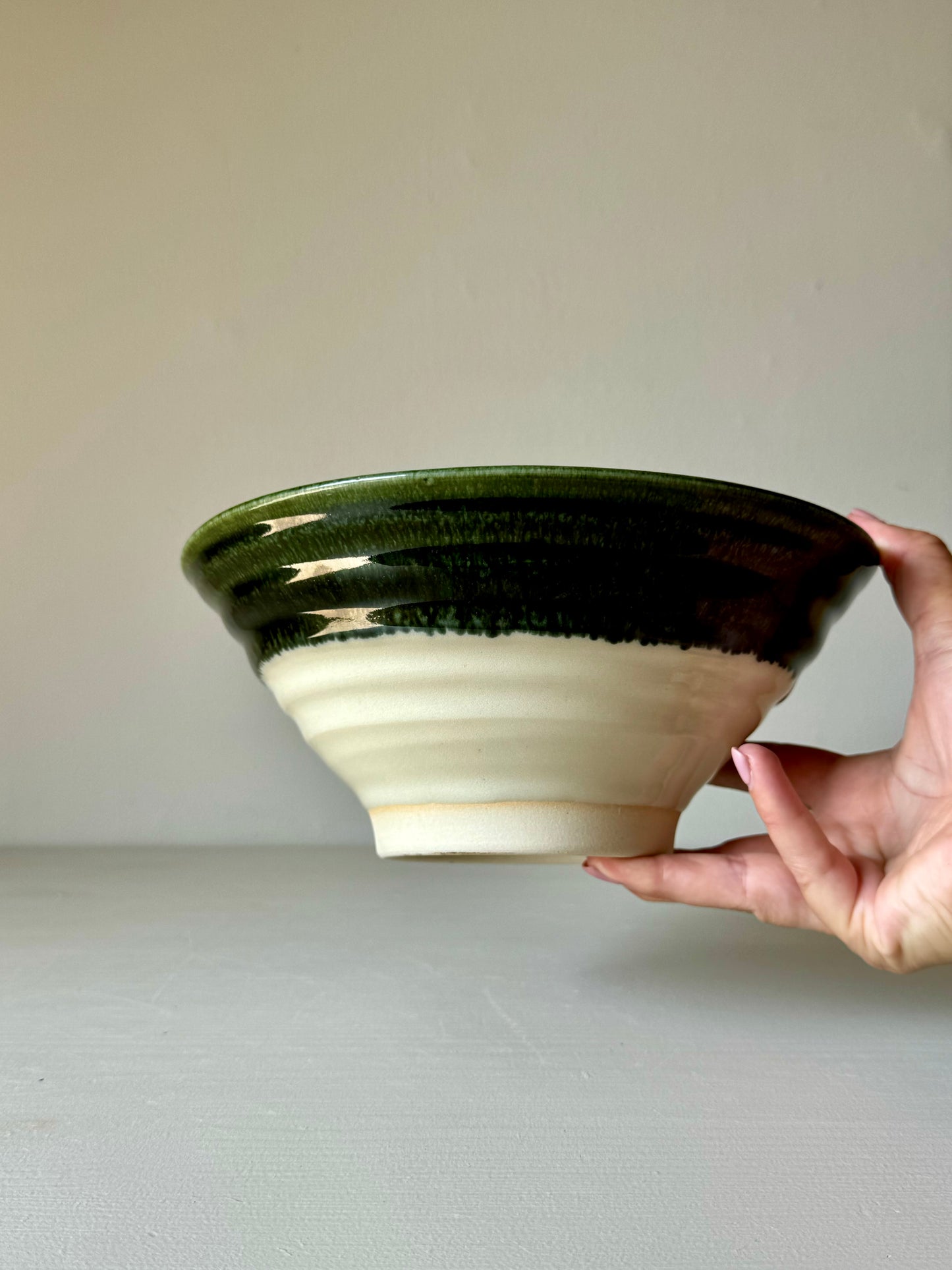 Handmade IKKAI Medium Bowl - Clear glaze & Green Rim